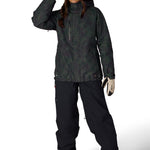 Women's insulated ski jacket, dark camo print, hooded zip front and elastic cuffs