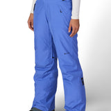 Blue insulated ski pants with zip thigh pocket and inner snow-cuff panel