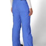 Blue insulated ski pants with straight leg fit and covered ankle cuffs