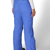 Blue insulated ski pants with straight leg fit and covered ankle cuffs