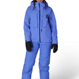 Blue insulated ski suit pants with front fly, zip pockets, and elastic cuffs
