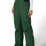 Moss green insulated ski pants with side pocket and adjustable waist belt loops