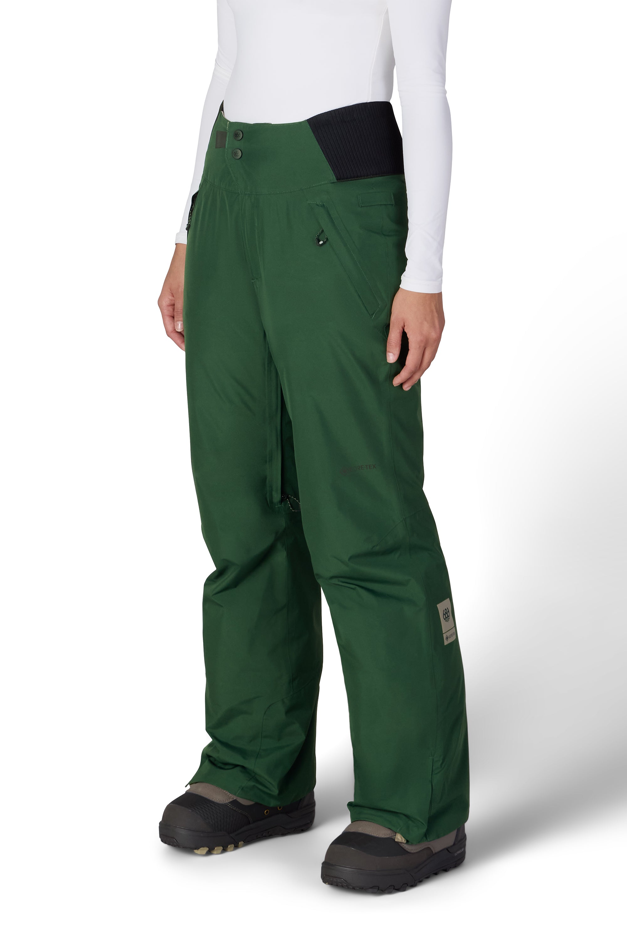 Moss green insulated ski pants with side pocket and adjustable waist belt loops