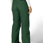 Moss green insulated ski pants with straight legs and ankle cuff details