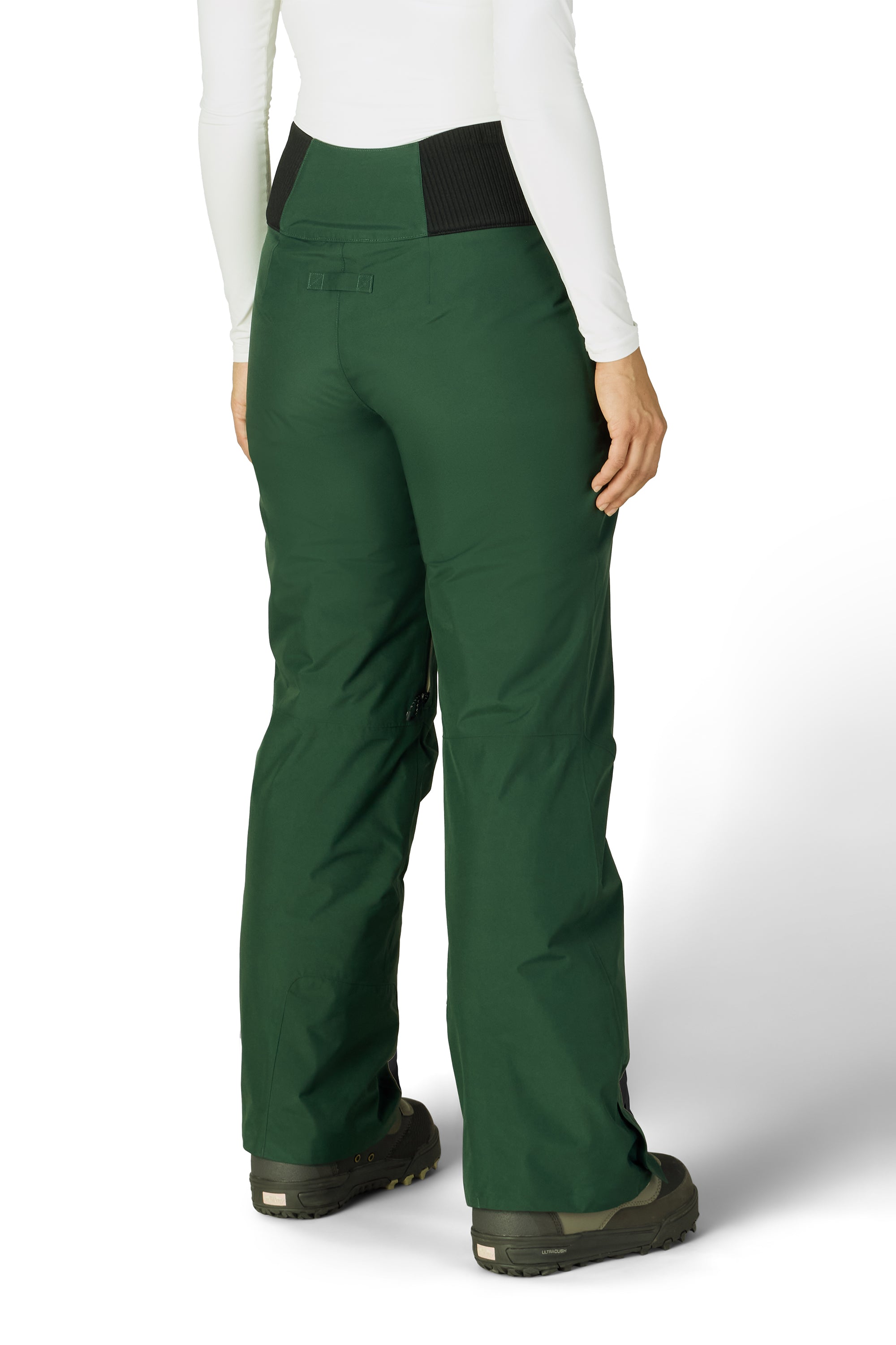 Moss green insulated ski pants with straight legs and ankle cuff details