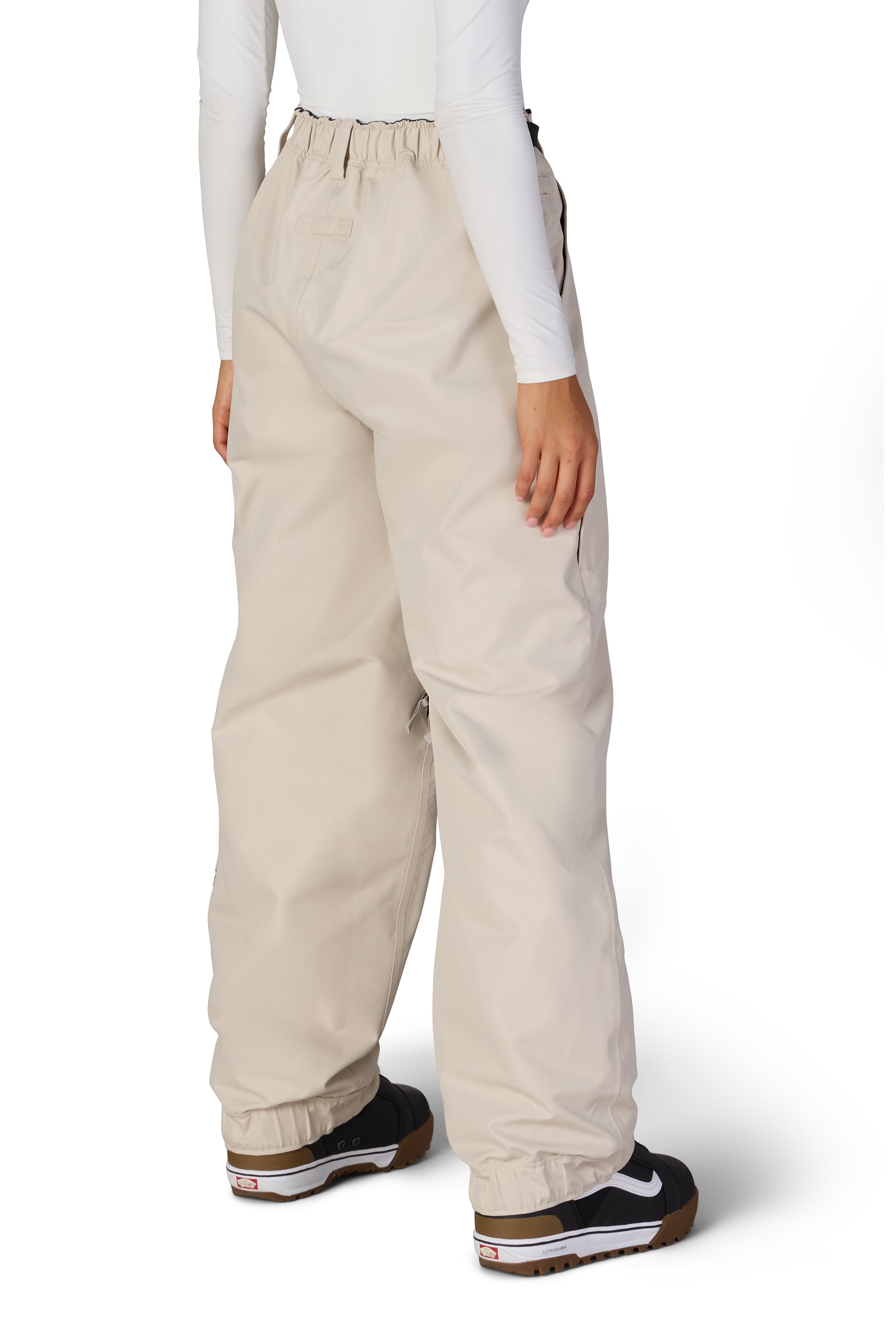 Women's cream shell pants with elastic waistband and relaxed straight legs