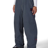Women's dark blue shell pants with elastic waist and small chest logo