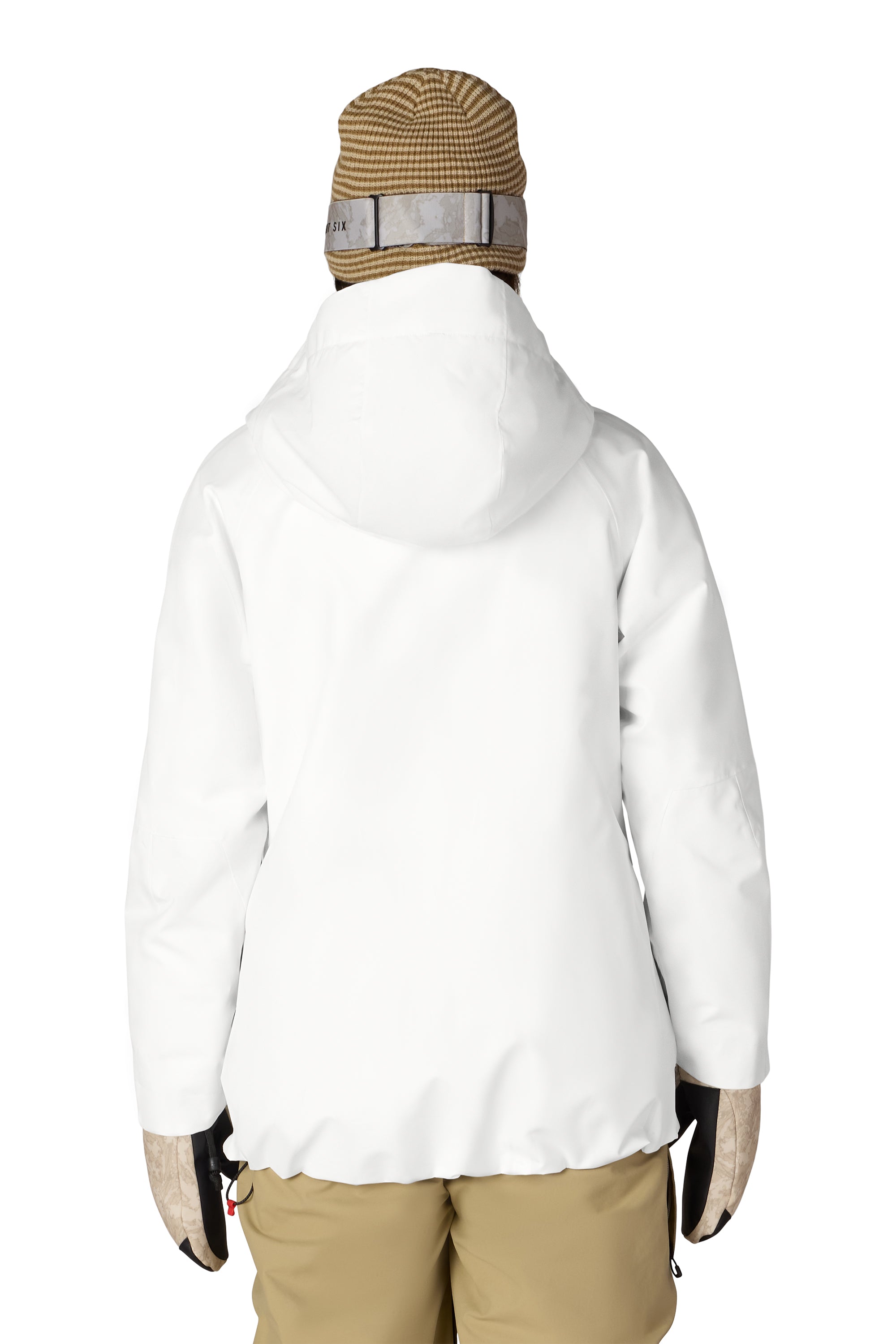 White insulated ski jacket with hood, full zip, side zip pockets
