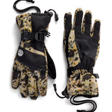 Youth insulated gloves with leopard camo print, black palm, wrist strap and cinch