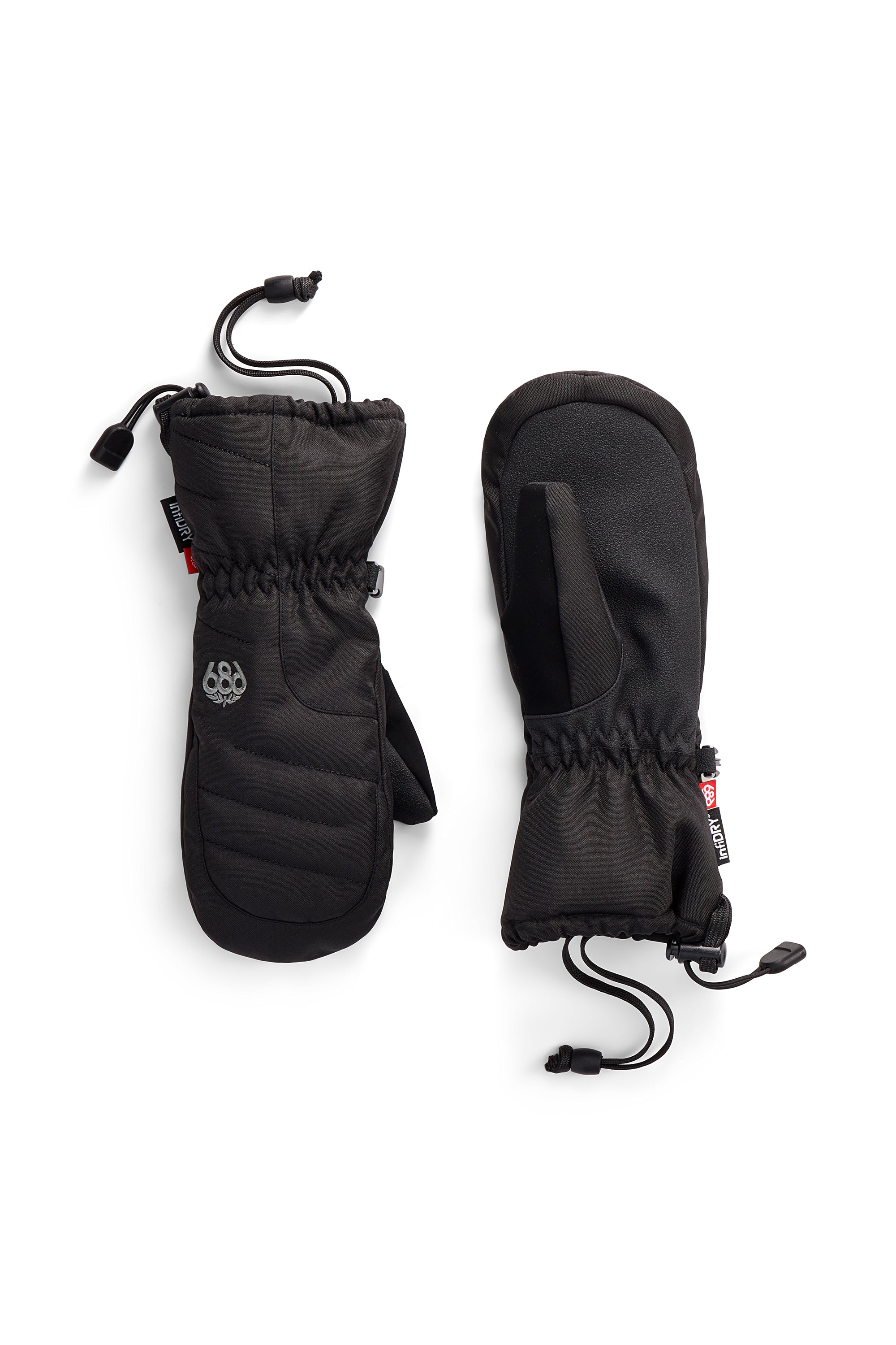 Youth insulated ski mittens in black with pull-cord wrist straps