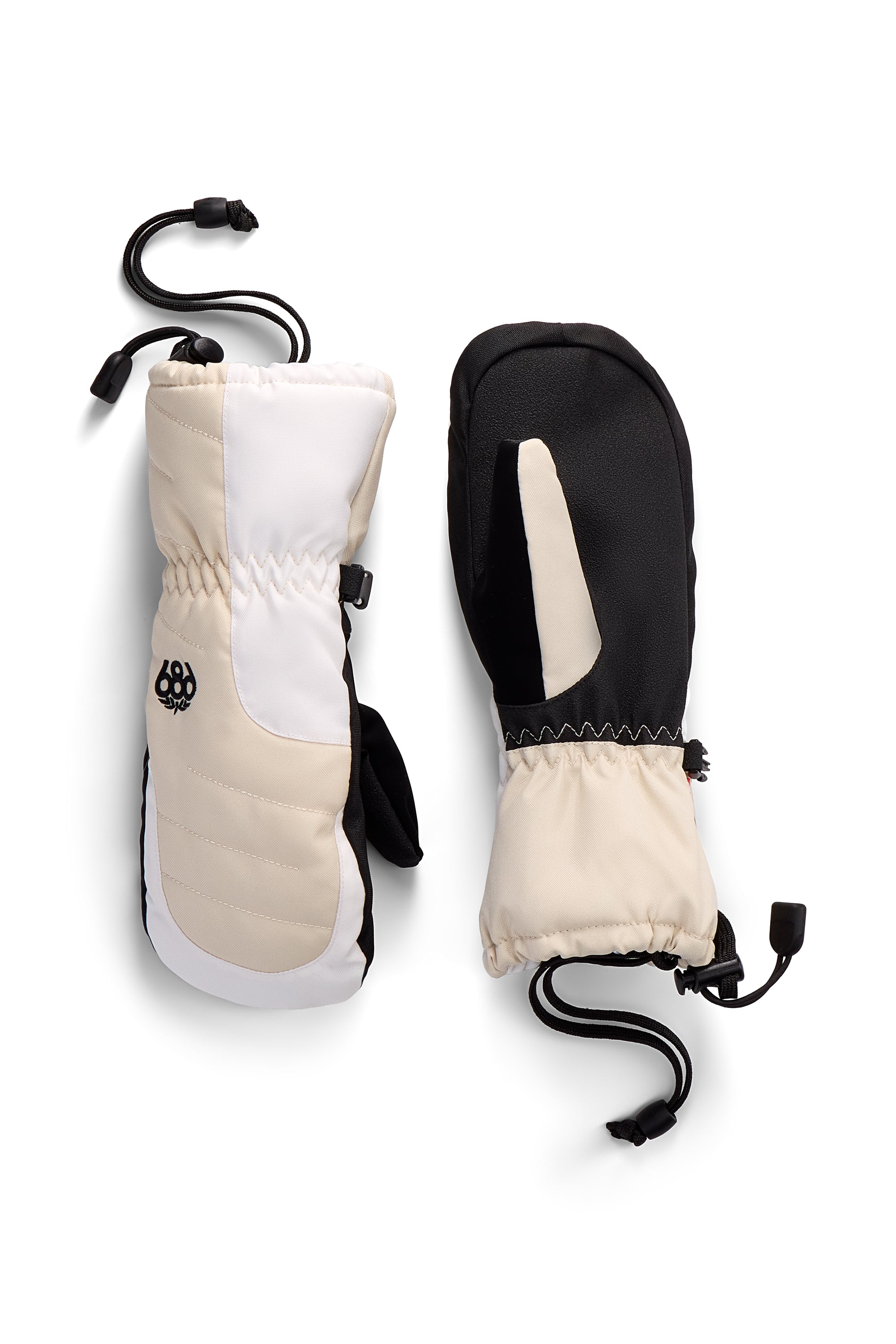 Youth insulated ski mittens, cream and black with pull-cord wrist straps