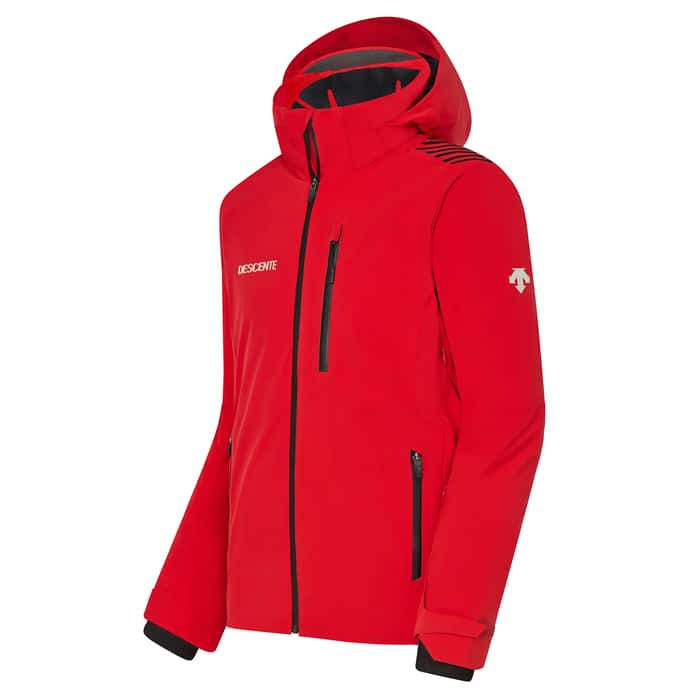 Descente Paddy Insulated Jacket - A red insulated jacket with a hood, featuring black zippers and a white logo on the left sleeve.