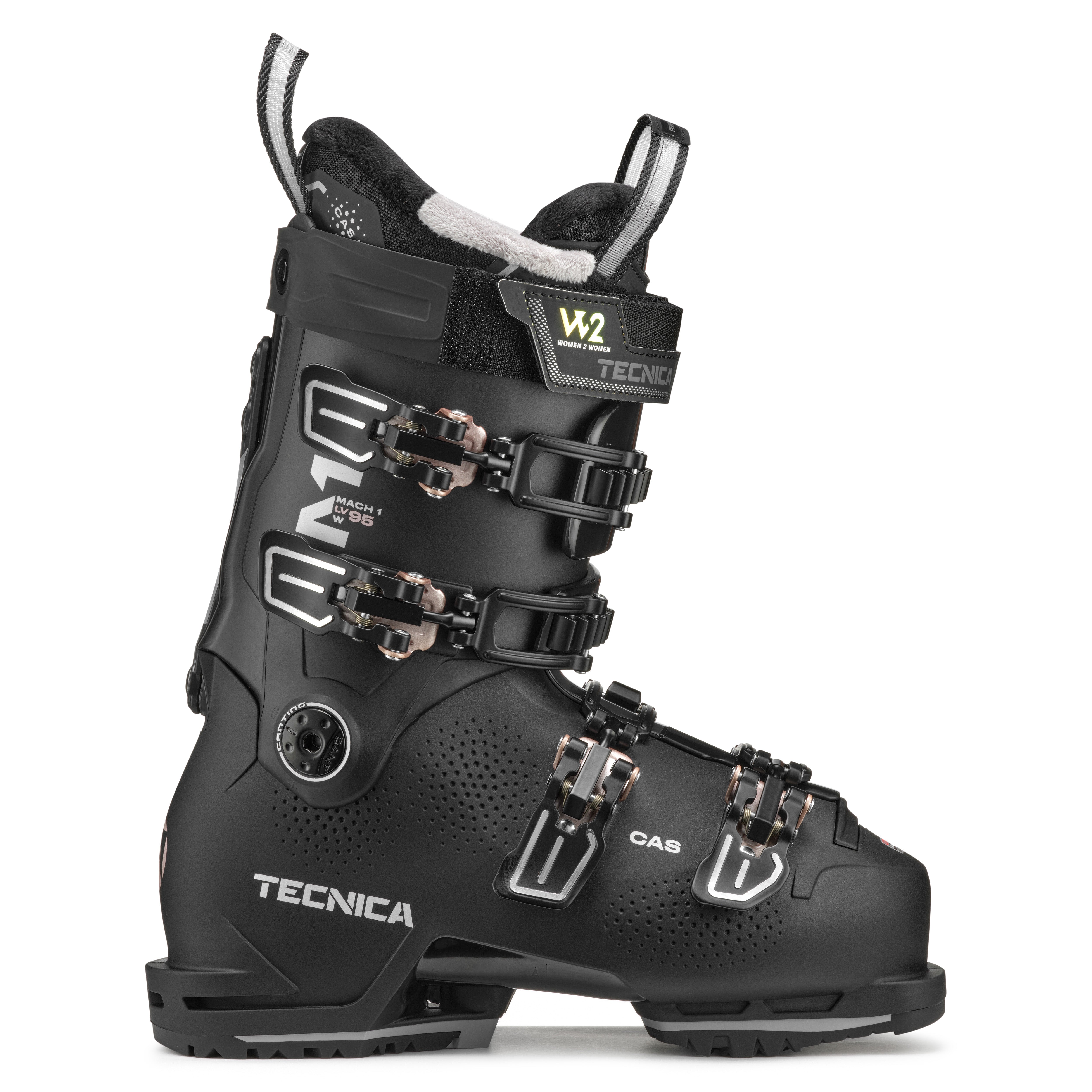 Tecnica Women's Mach 1 LV 95 Ski Boots 2025 - Black ski boots with white lettering and silver buckles.