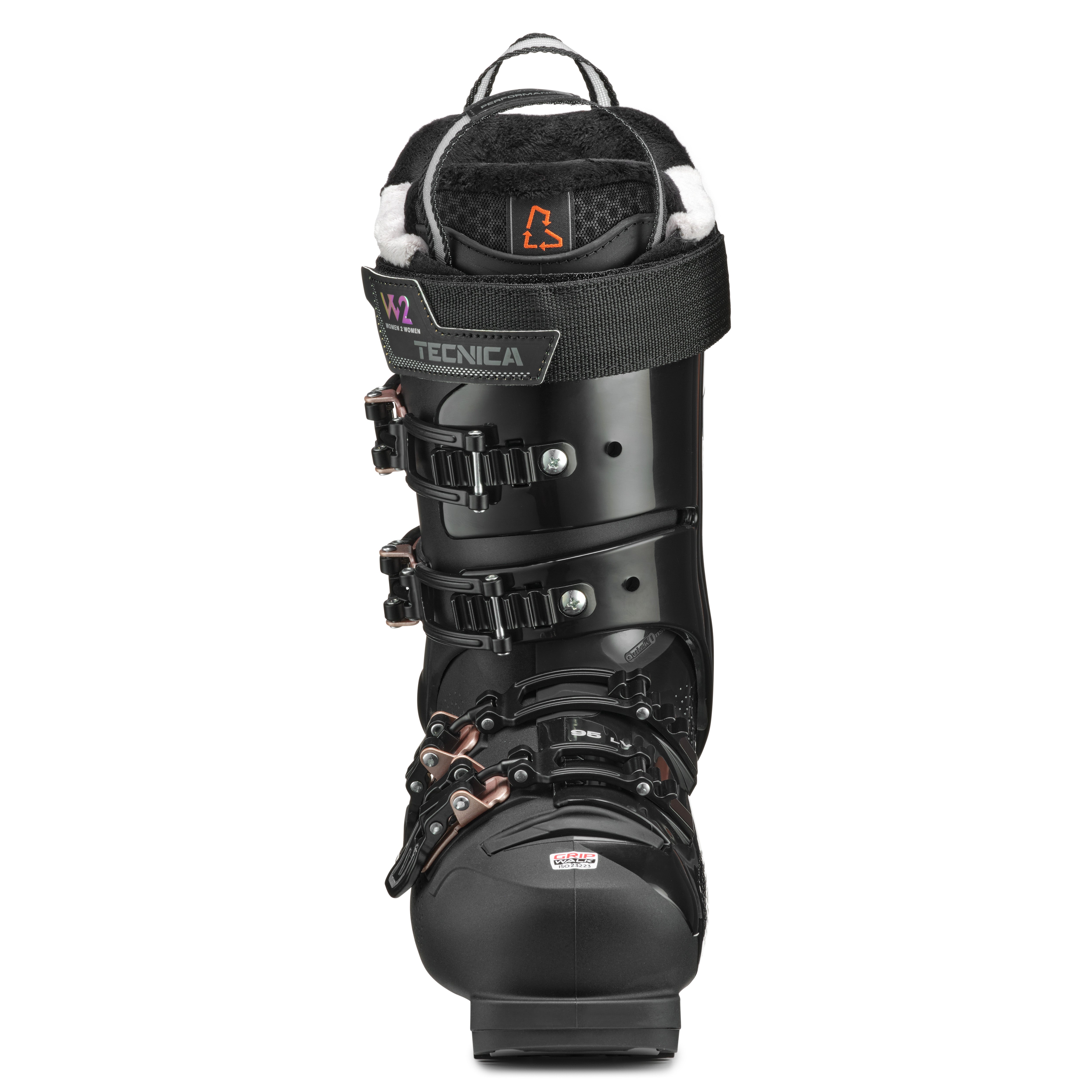 Tecnica Women's Mach 1 LV 95 Ski Boots 2025 - Black ski boots with a shiny finish and silver buckles.