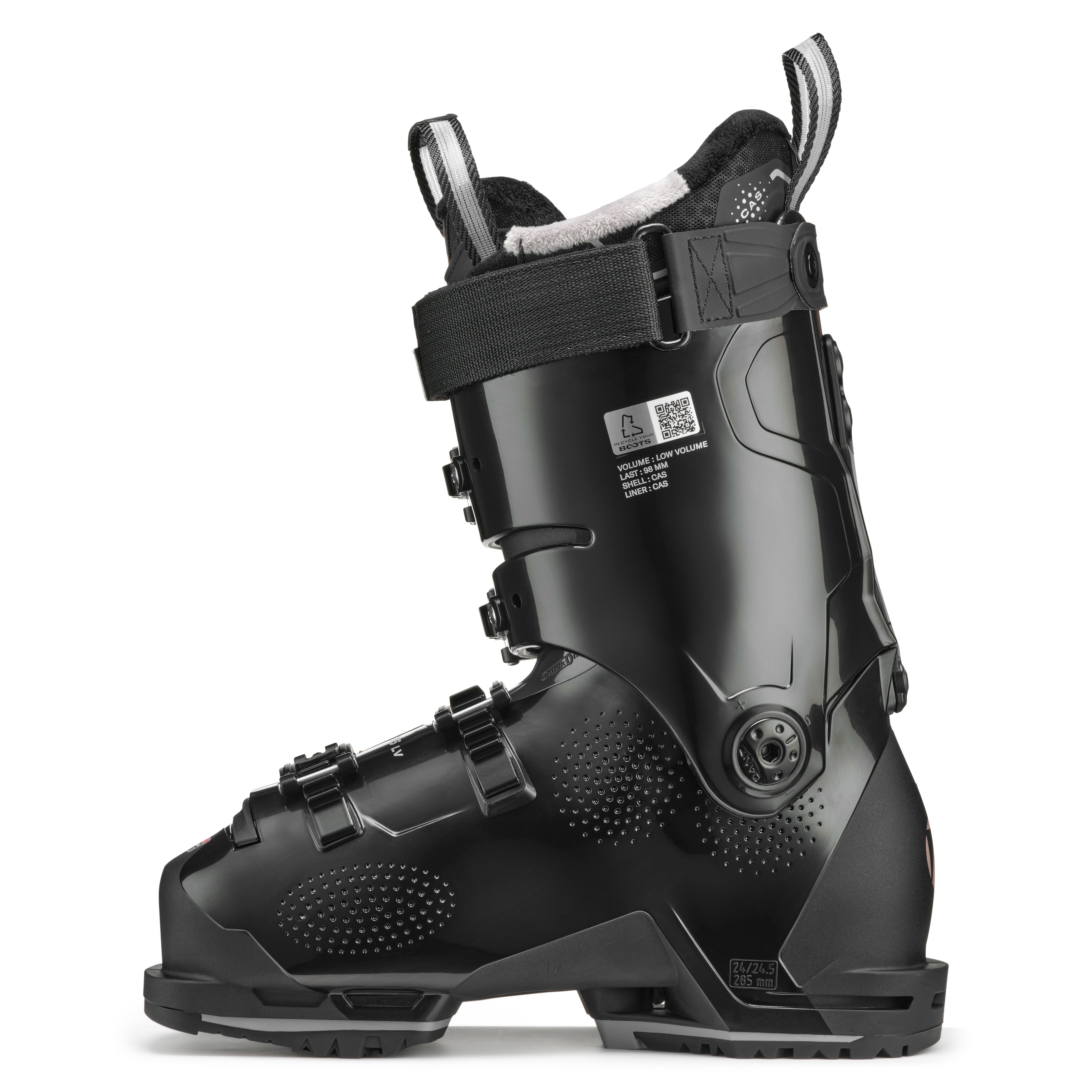 Tecnica Women's Mach 1 LV 95 Ski Boots 2025 - Black ski boots with white accents and a textured pattern on the toe cap.