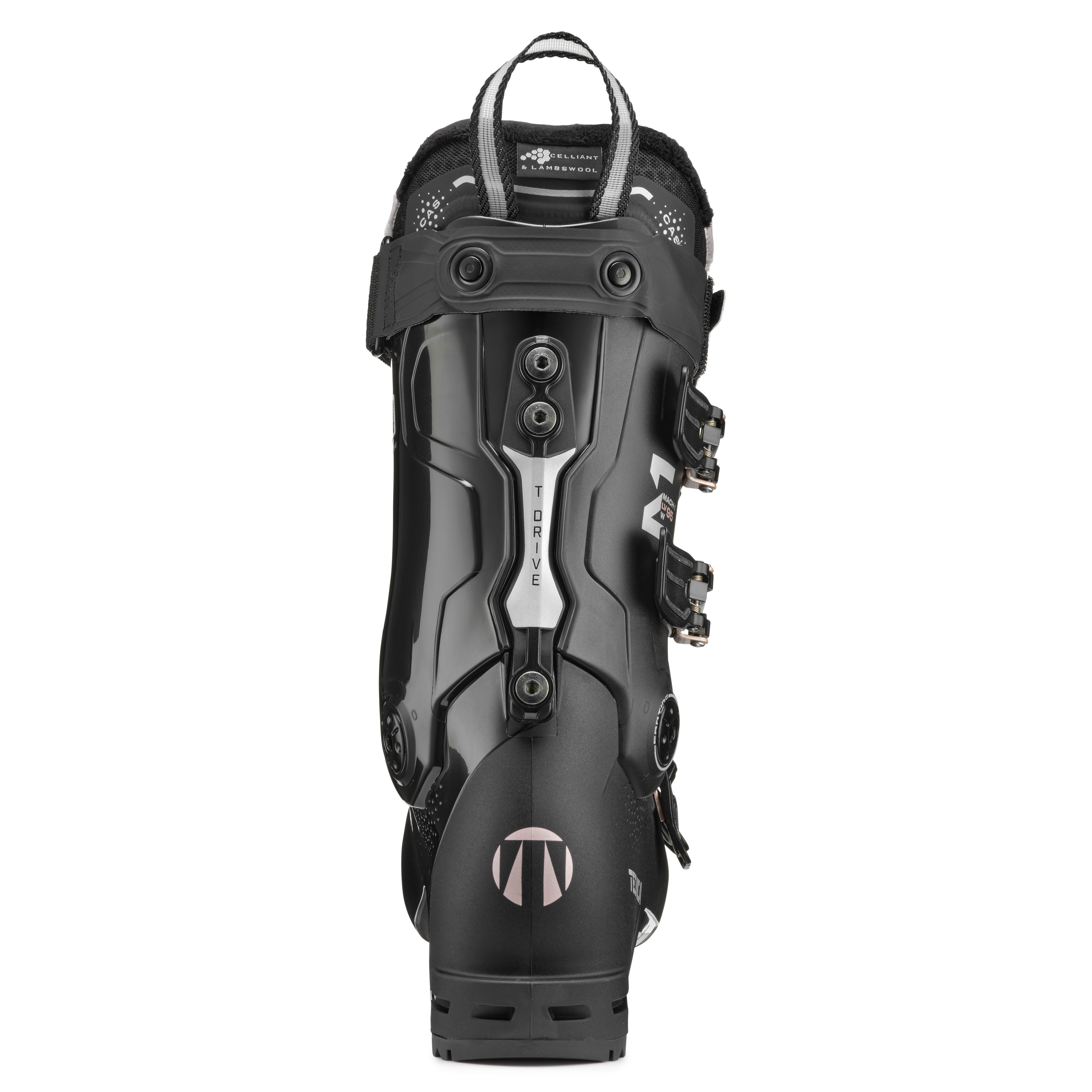 Tecnica Women's Mach 1 LV 95 Ski Boots 2025 - Black ski boots with white accents and silver buckles.