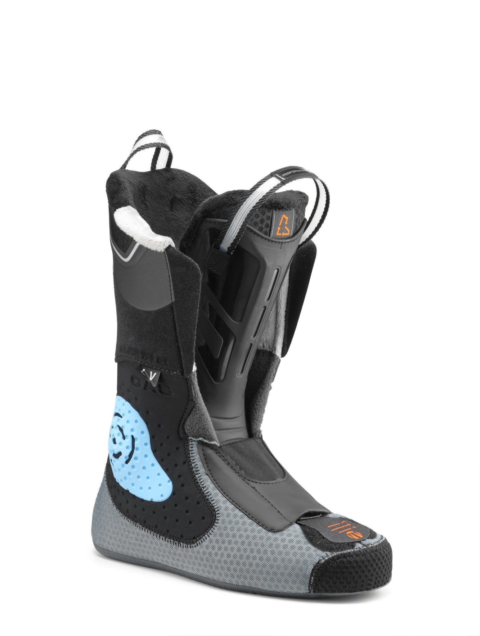 Tecnica Women's Mach 1 LV 95 Ski Boots 2025 - A pair of black ski boots with a white logo on the side and a silver buckle.