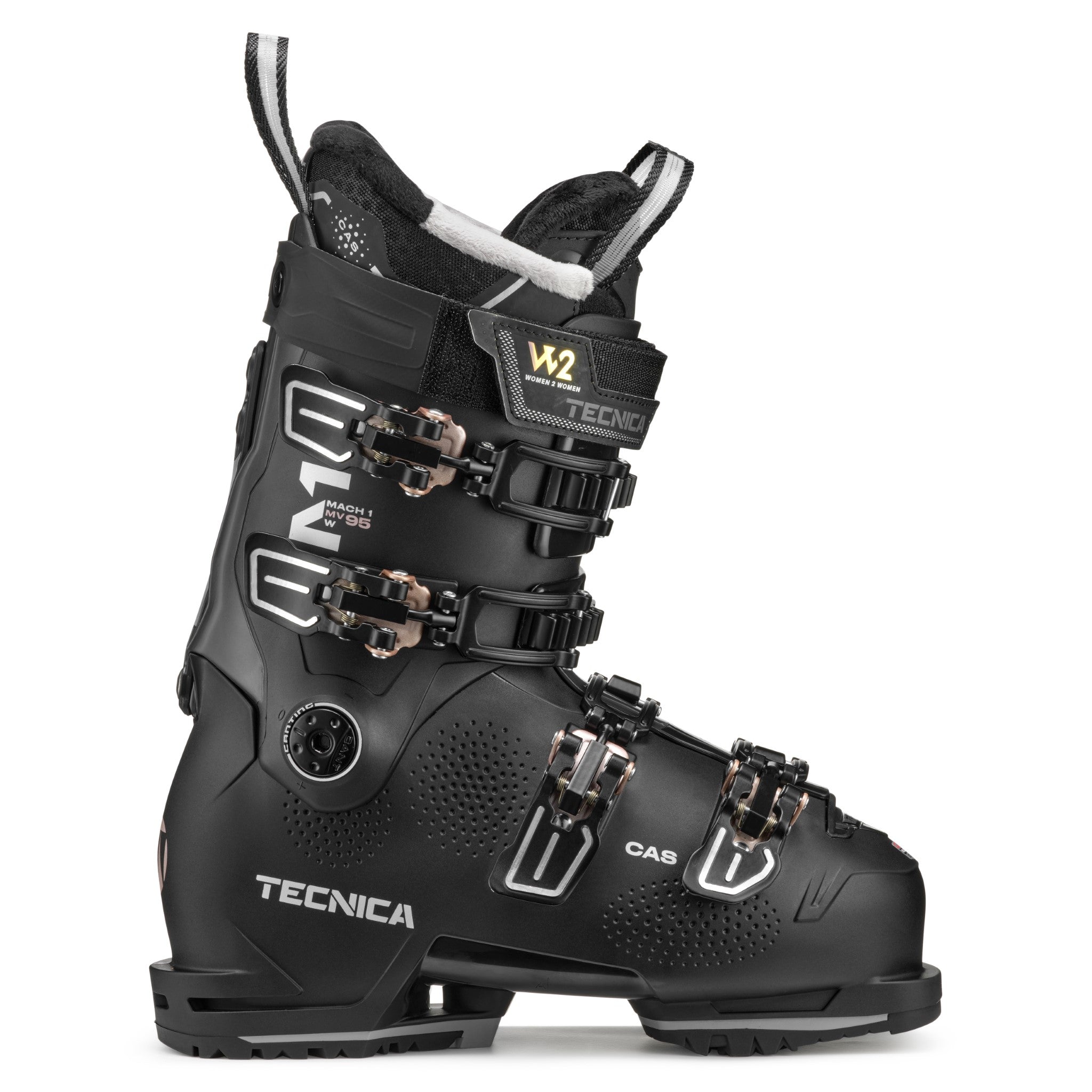 Tecnica Women's Mach 1 MV 95 Ski Boots 2026 - Black ski boots with white lettering and silver buckles.