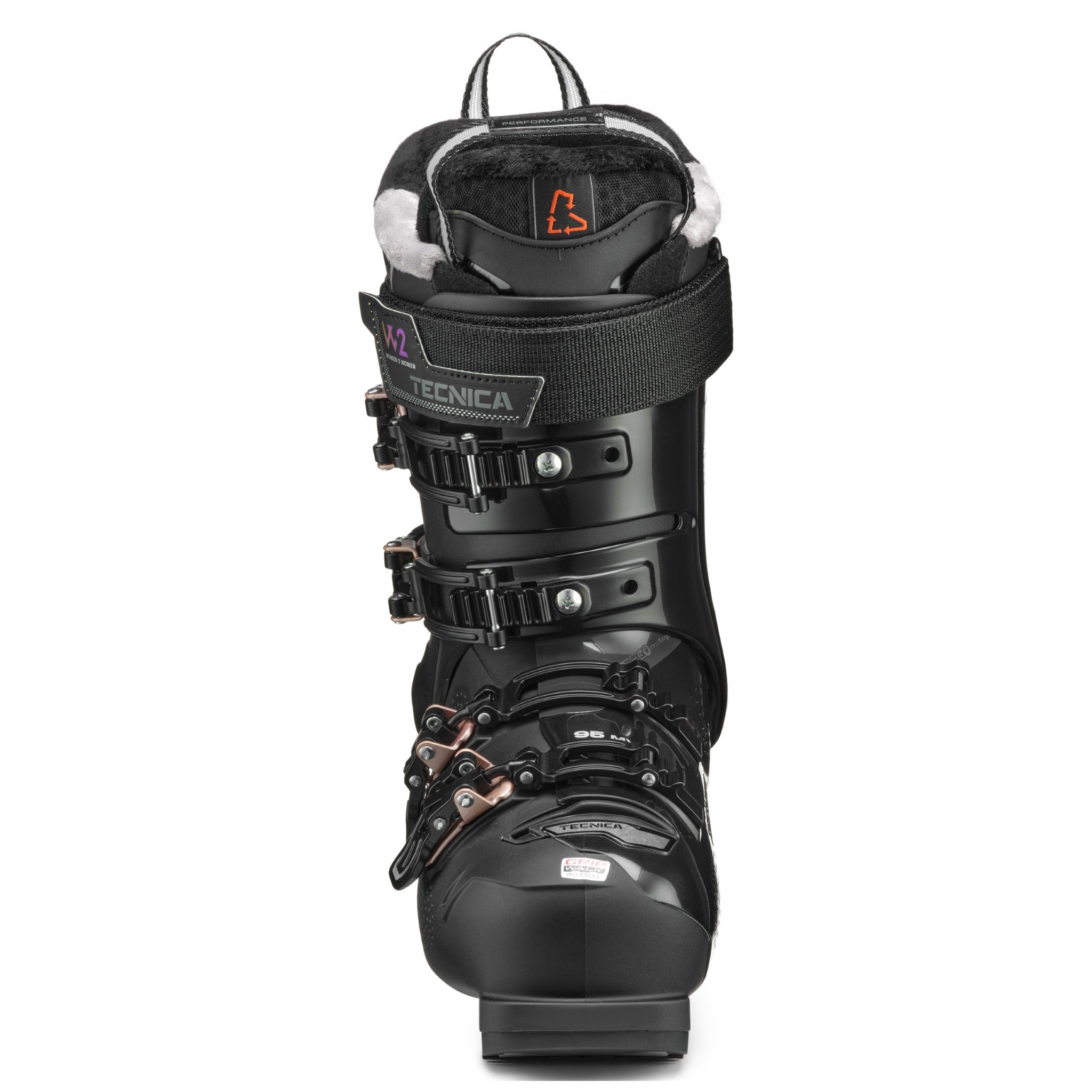 Tecnica Women's Mach 1 MV 95 Ski Boots 2026 - Black ski boots with a shiny finish and rose gold buckles.
