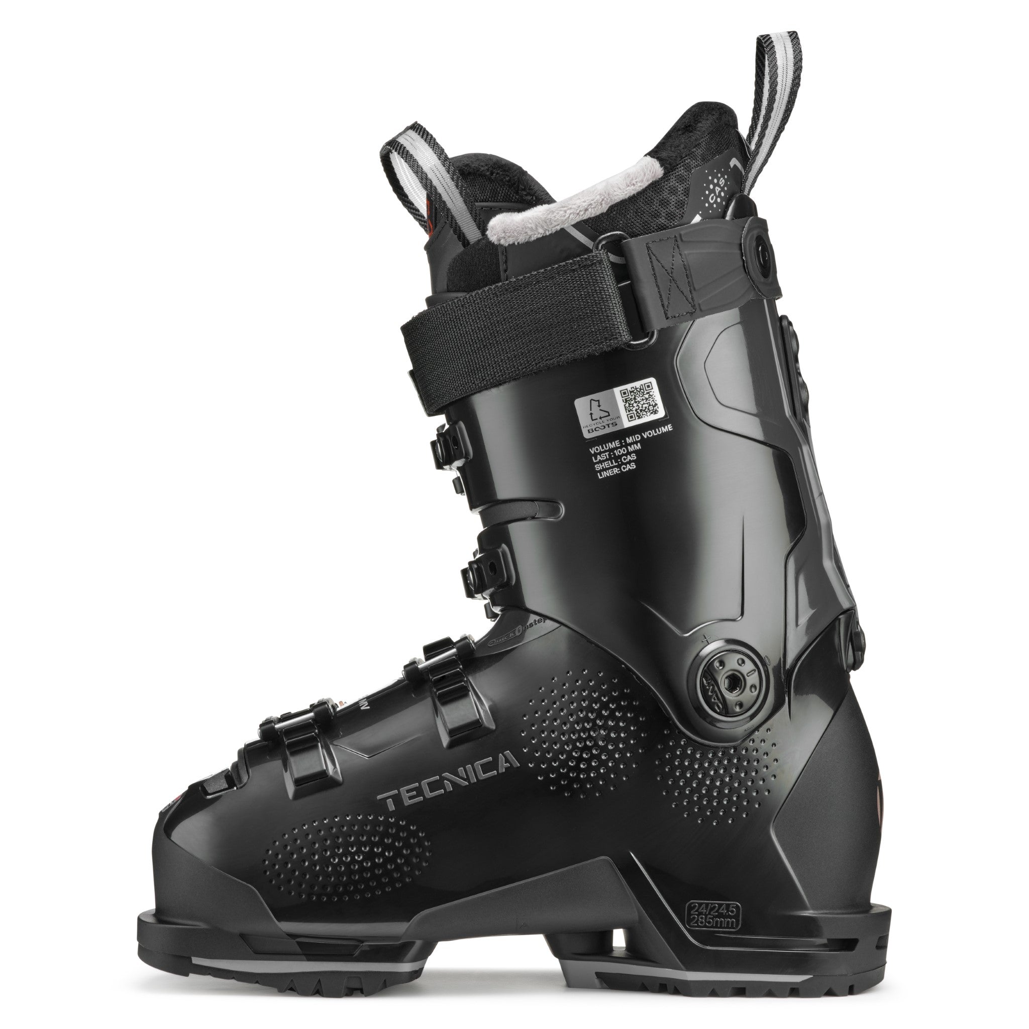 Tecnica Women's Mach 1 MV 95 Ski Boots 2026 - Black ski boots with white accents and a textured pattern on the toe cap.