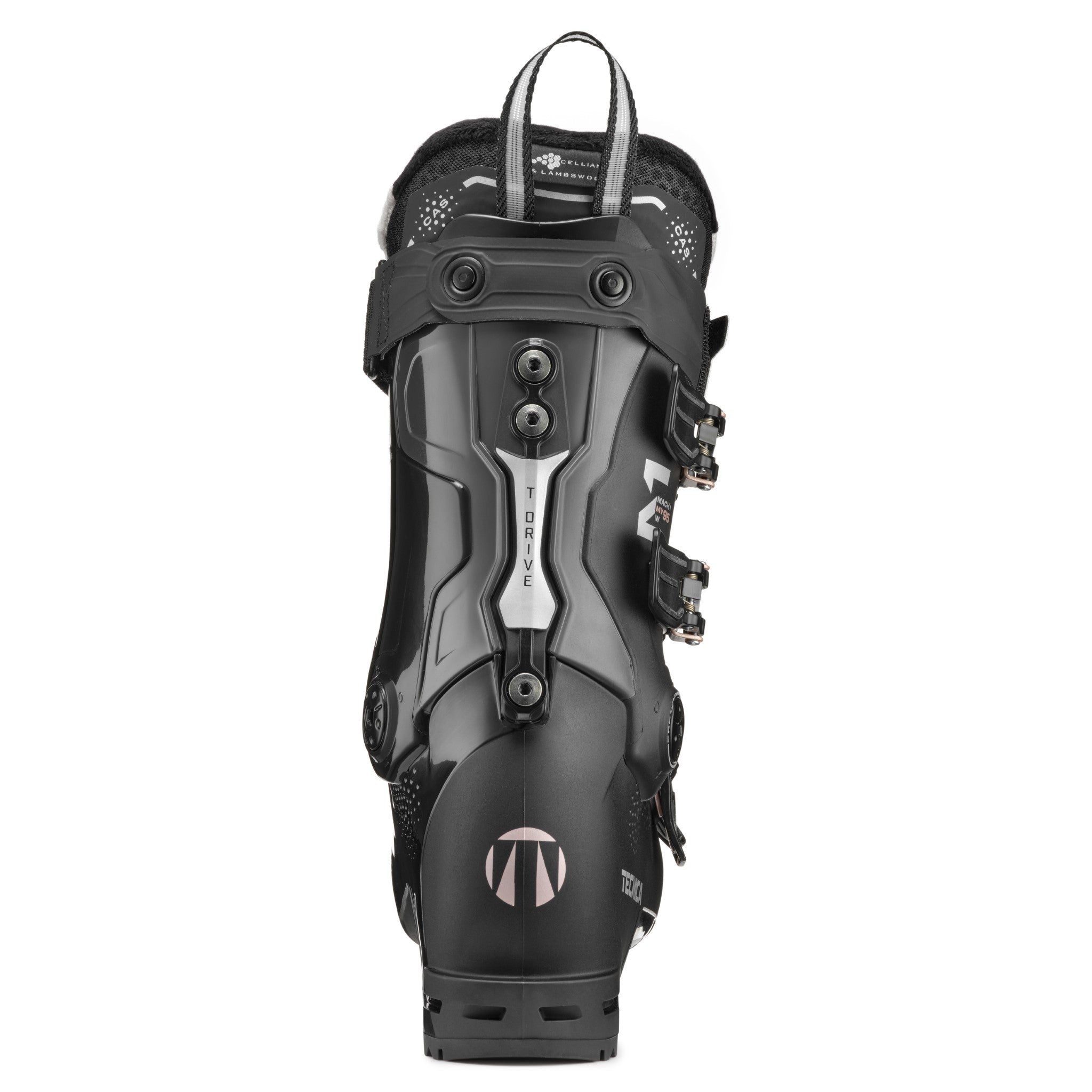 Tecnica Women's Mach 1 MV 95 Ski Boots 2026 - Black ski boots with white accents and a silver logo on the side.
