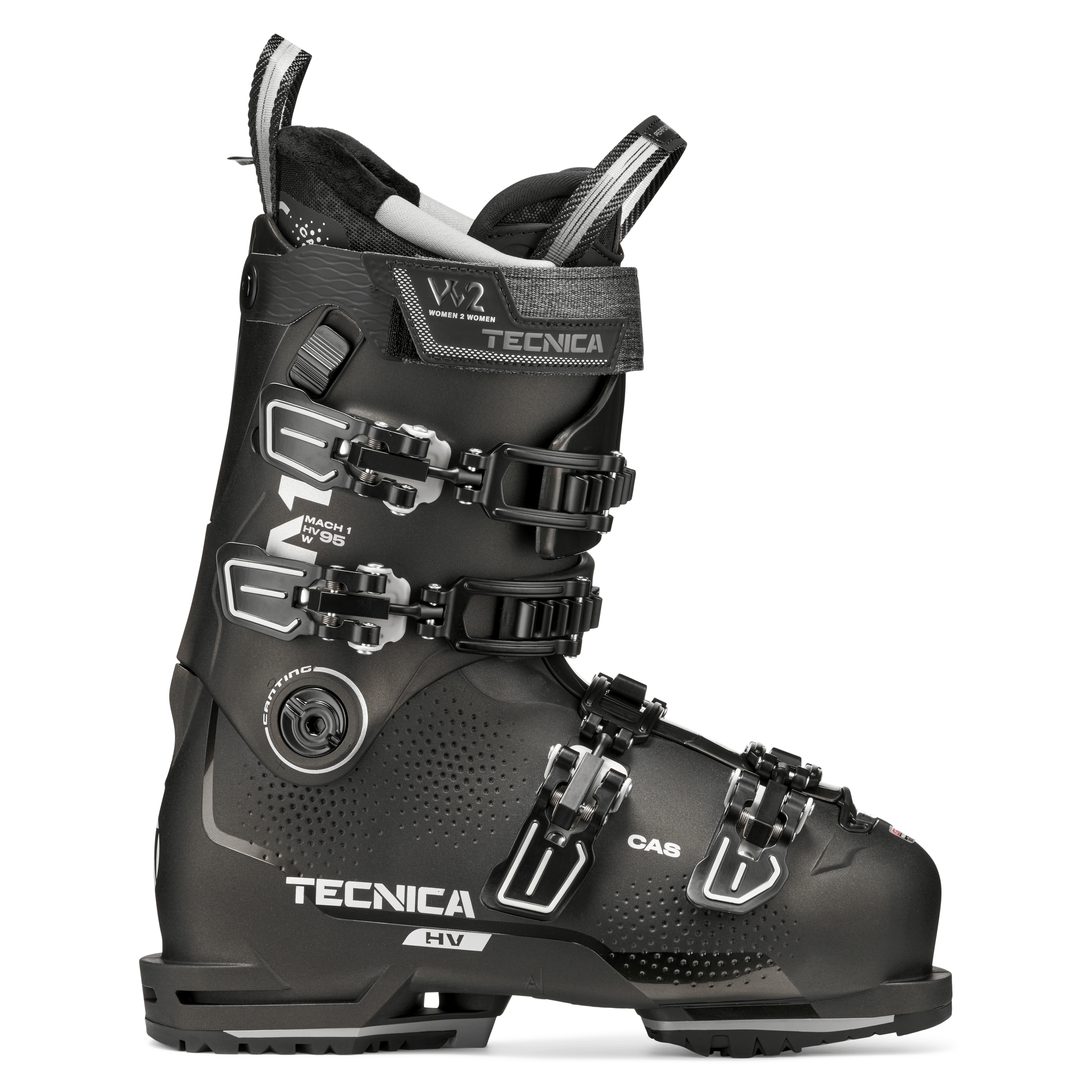 Black ski boot with four metal buckles and molded shell, side view