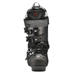 Black ski boot rear view with upper strap and adjustable buckles