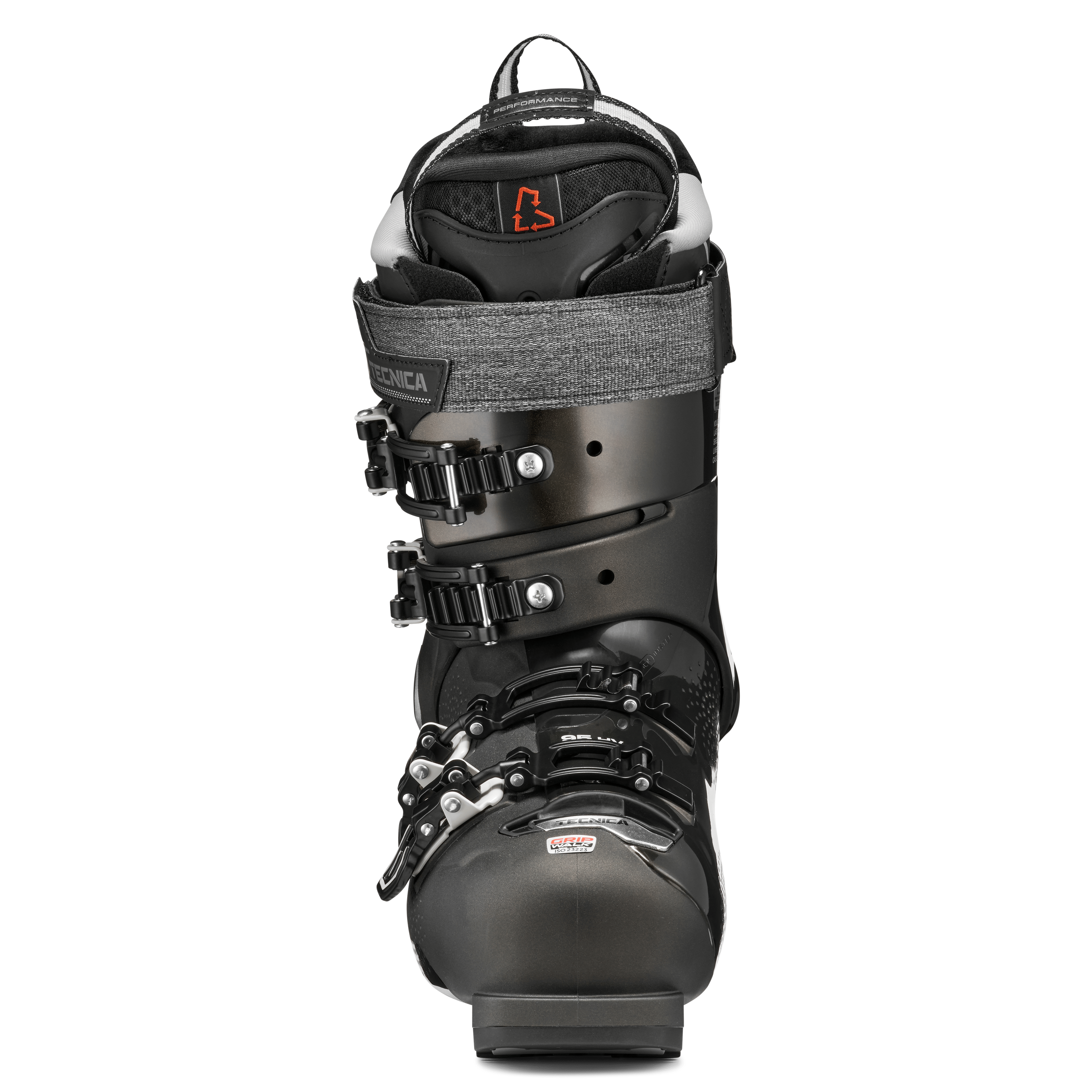 Black ski boot rear view with upper strap and adjustable buckles
