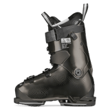 Black ski boot front three-quarter view with textured toe and buckles