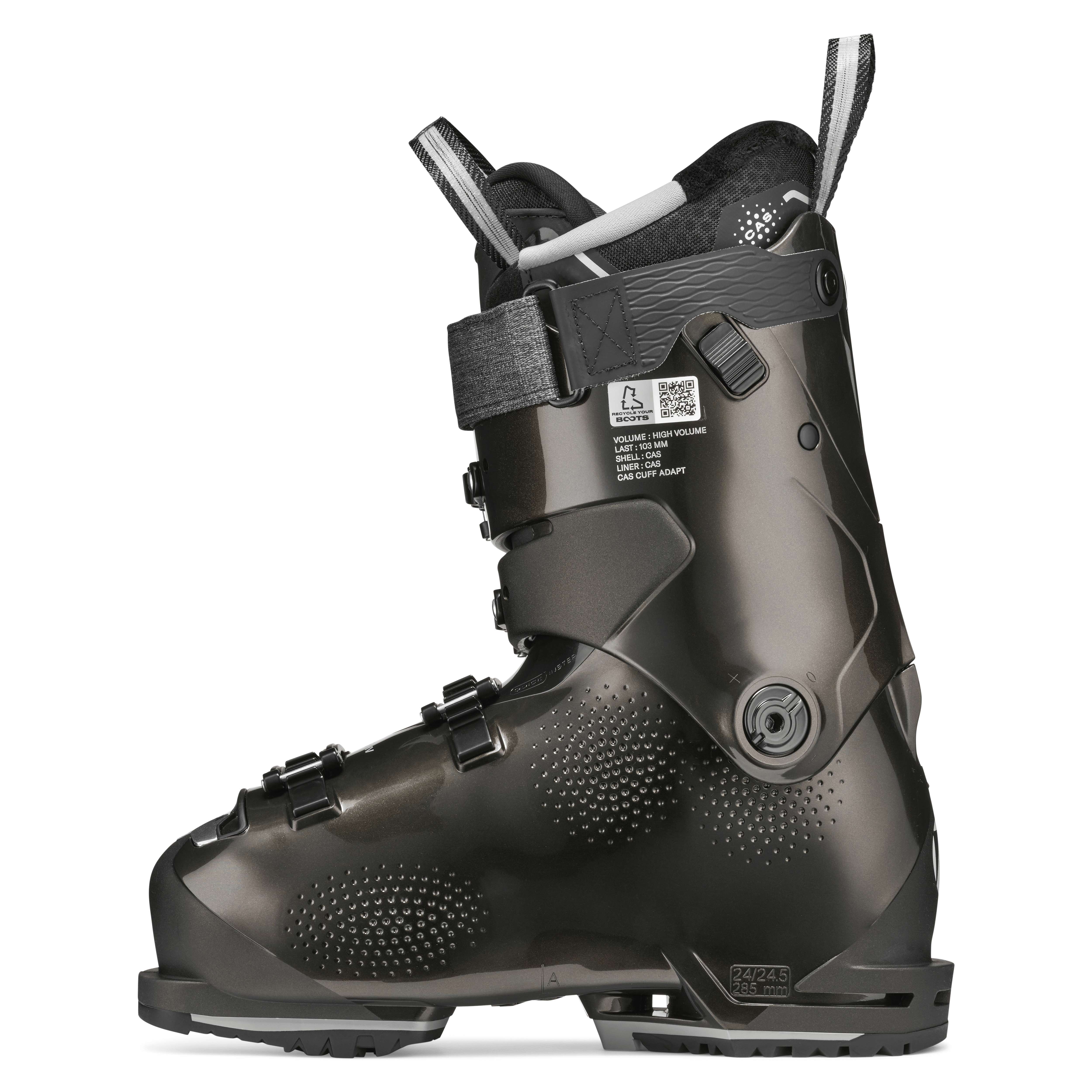 Black ski boot front three-quarter view with textured toe and buckles