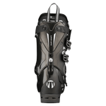 Black ski boot back view with lift tab and multiple adjustment buckles
