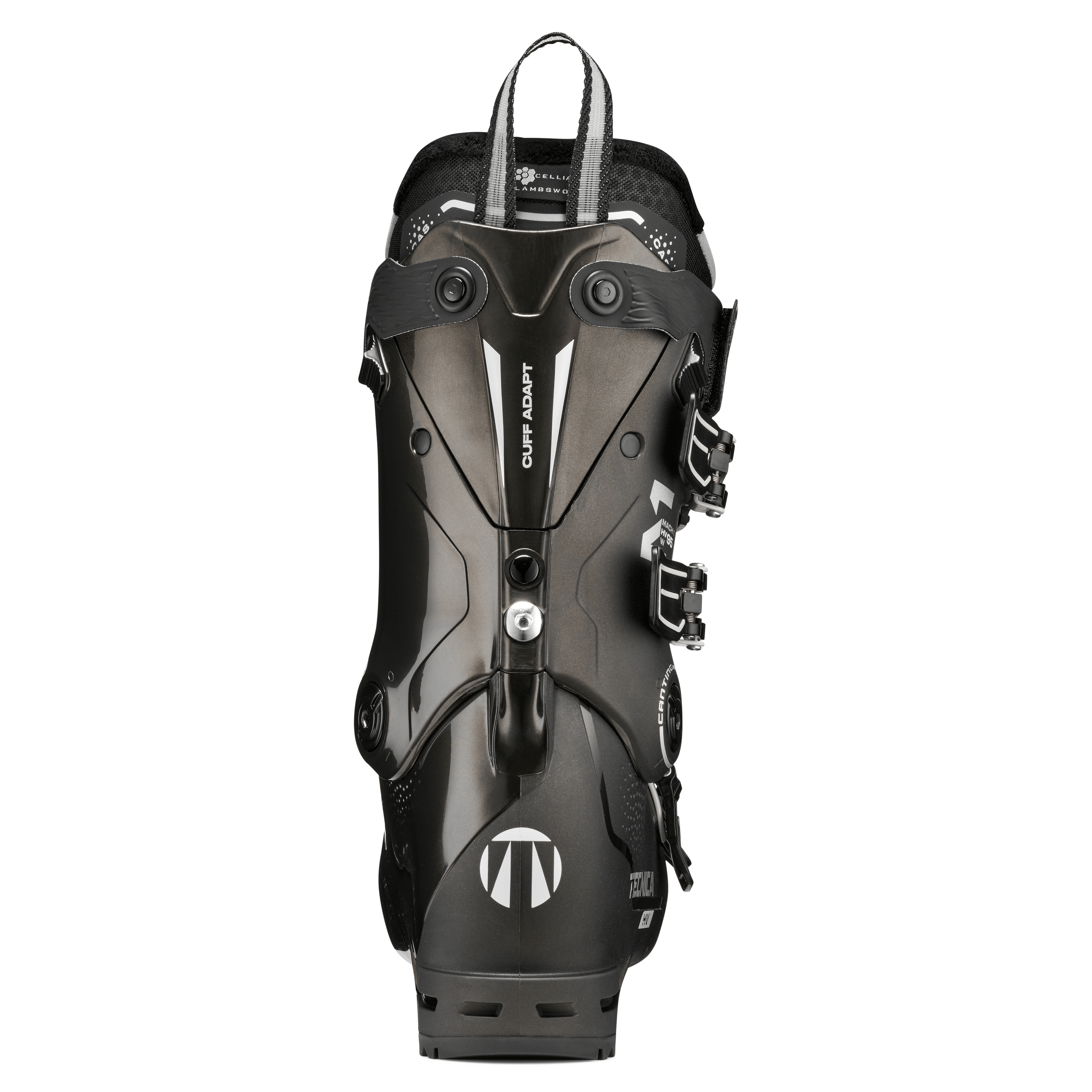 Black ski boot back view with lift tab and multiple adjustment buckles