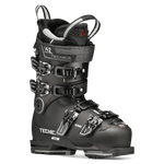 Black ski boot with gray strap lining and four buckles, three-quarter view