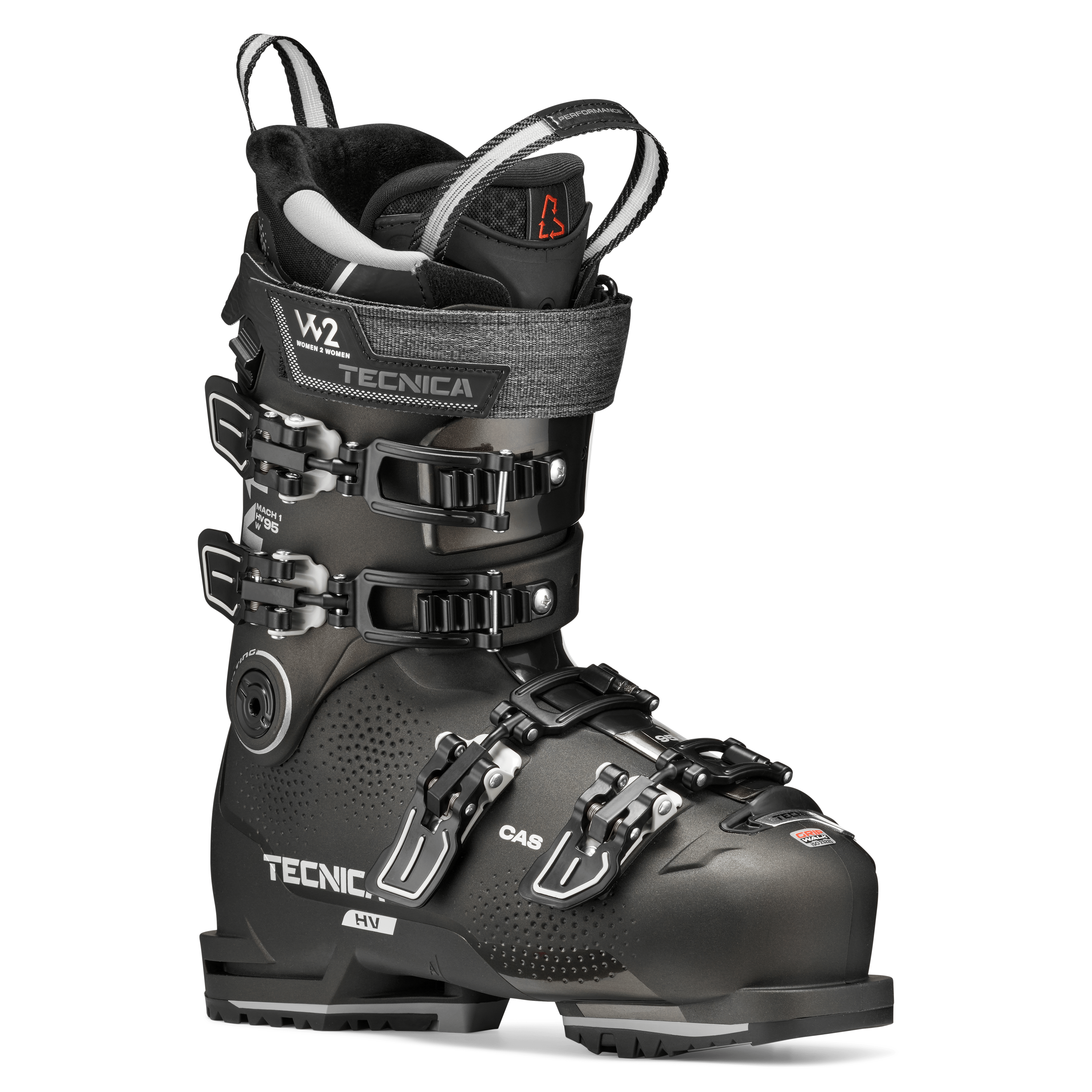 Black ski boot with gray strap lining and four buckles, three-quarter view