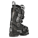 Black Tecnica ski boot with molded cuff graphics and four buckles, side view