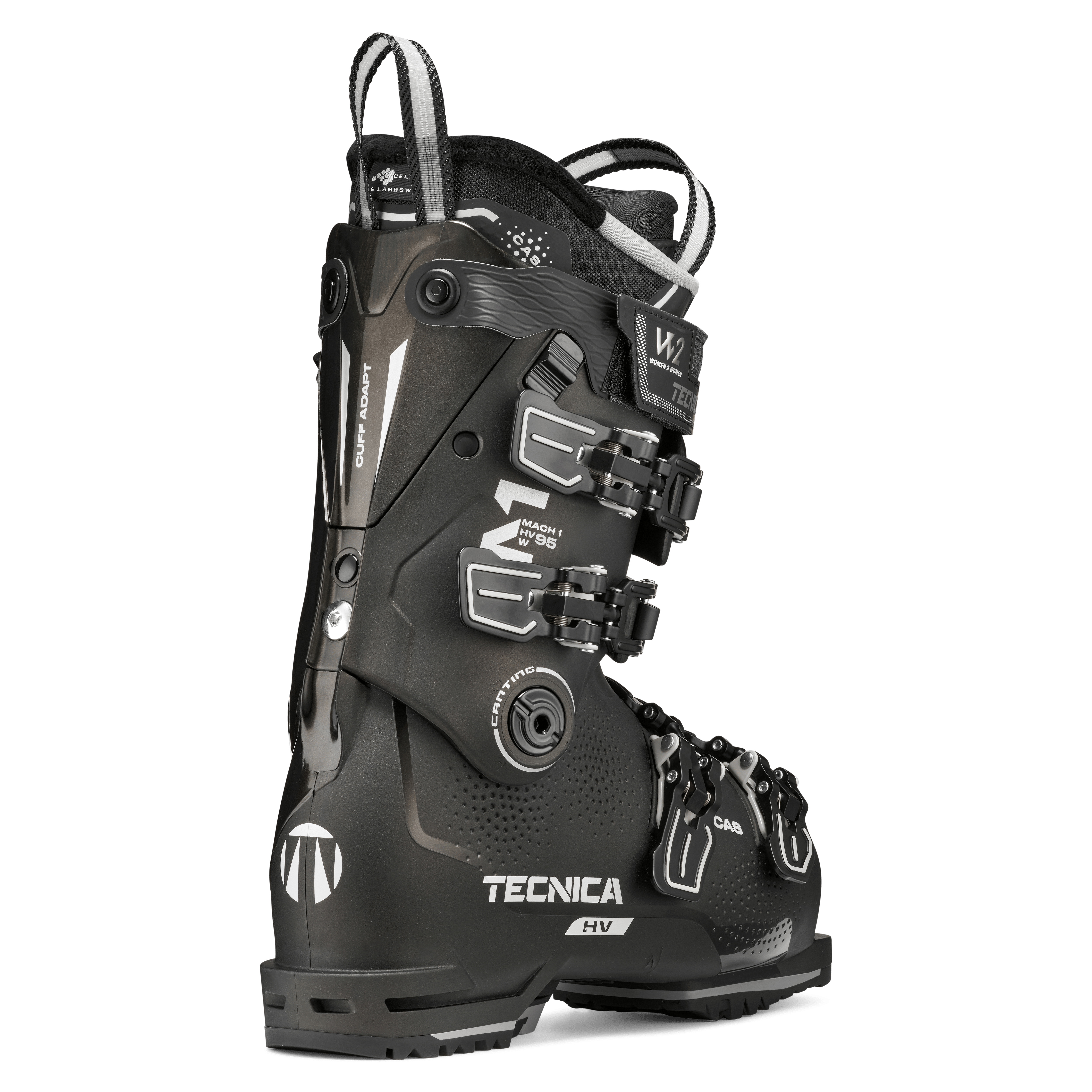 Black Tecnica ski boot with molded cuff graphics and four buckles, side view