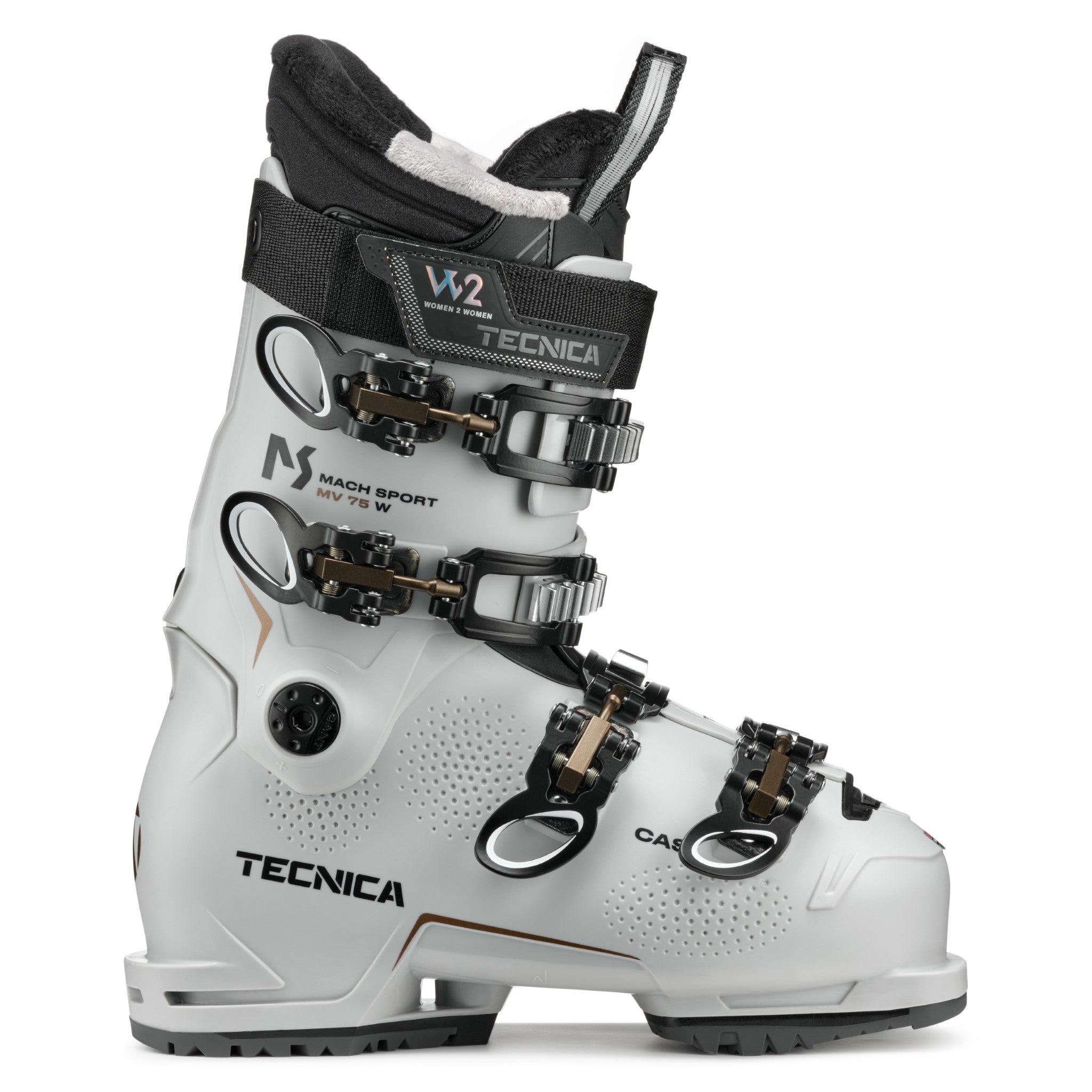 Tecnica Women's Mach Sport MV 75 Ski Boots - White ski boots with black buckles and straps, featuring a textured pattern on the side.