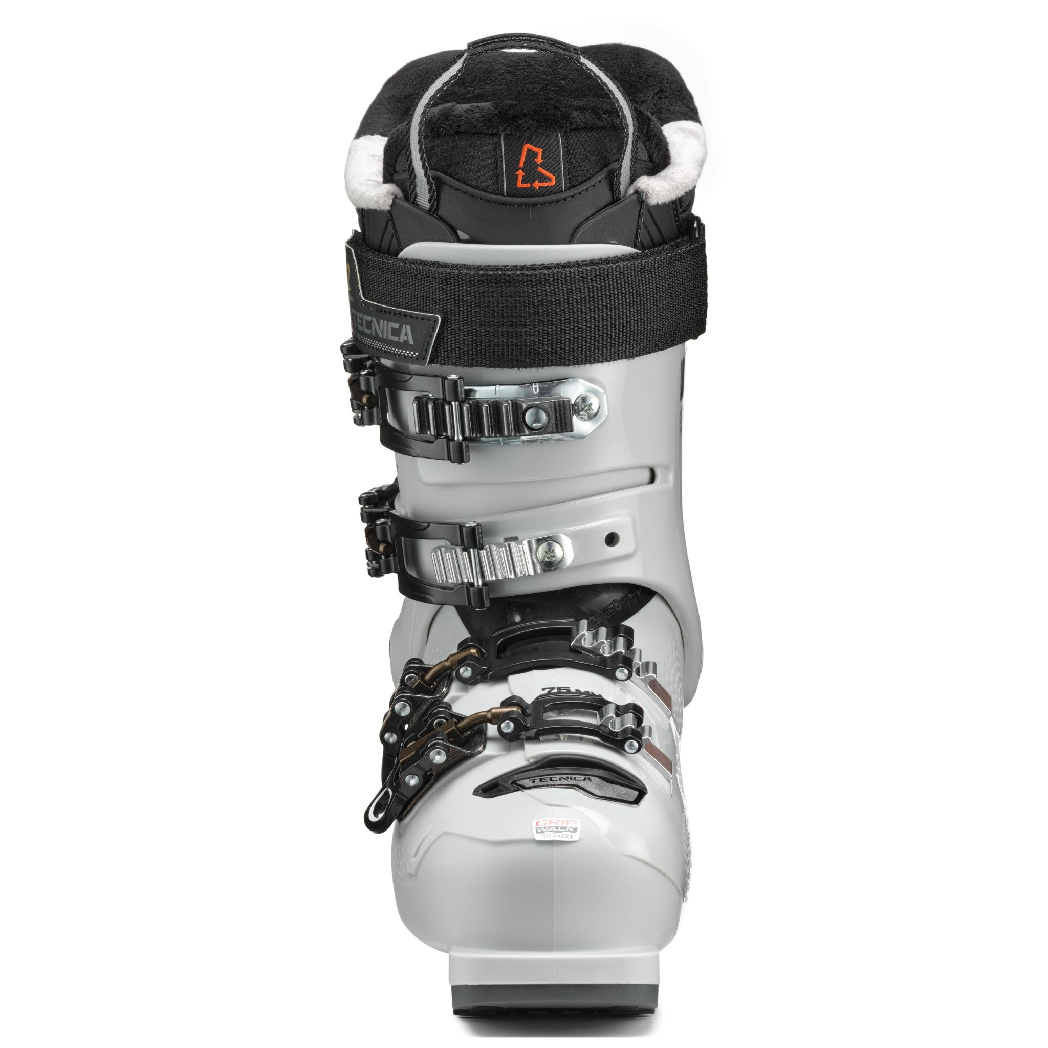 Tecnica Women's Mach Sport MV 75 Ski Boots 2026 - White ski boots with black buckles and straps.