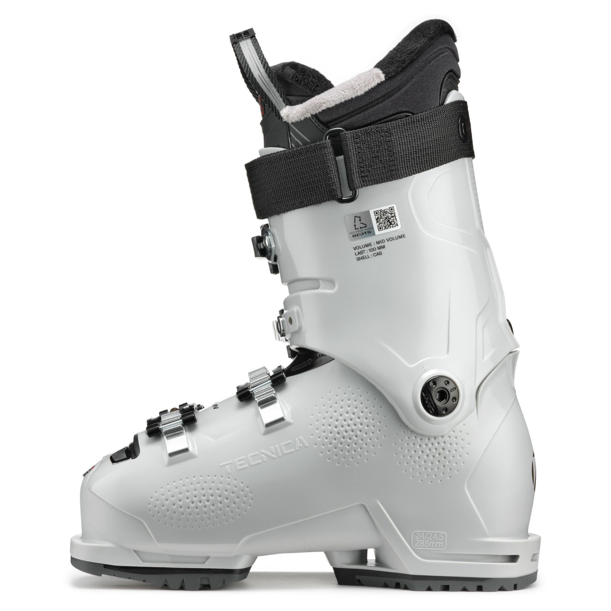 Tecnica Women's Mach Sport MV 75 Ski Boots 2026 - White ski boots with silver buckles and straps.