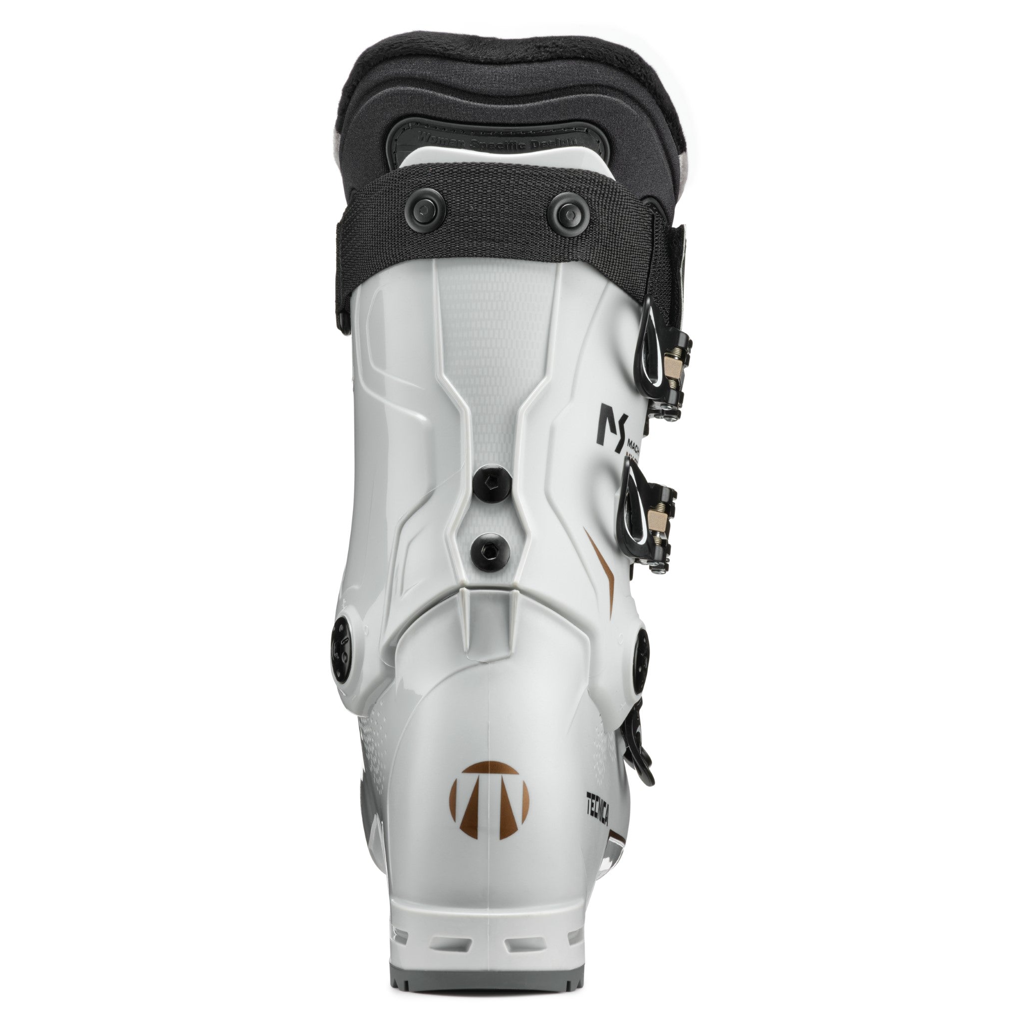 Tecnica Women's Mach Sport MV 75 Ski Boots 2026 - White ski boots with black accents and a brown logo on the heel.