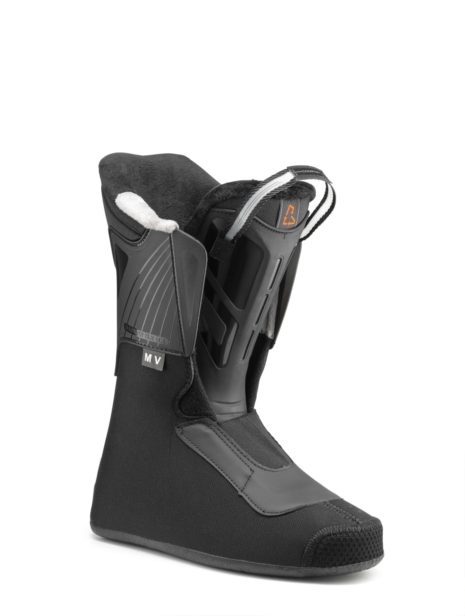 Tecnica Women's Mach Sport MV 75 Ski Boots 2026 - Black ski boots with white accents and a textured sole.