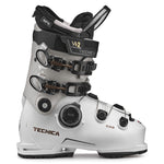 Tecnica Women's Mach 1 BOA HV 95 Ski Boots 2025 - A pair of white ski boots with black buckles and a black strap on top.