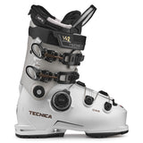 Tecnica Women's Mach 1 BOA HV 95 Ski Boots 2025 - A pair of white ski boots with black buckles and a black strap on top.