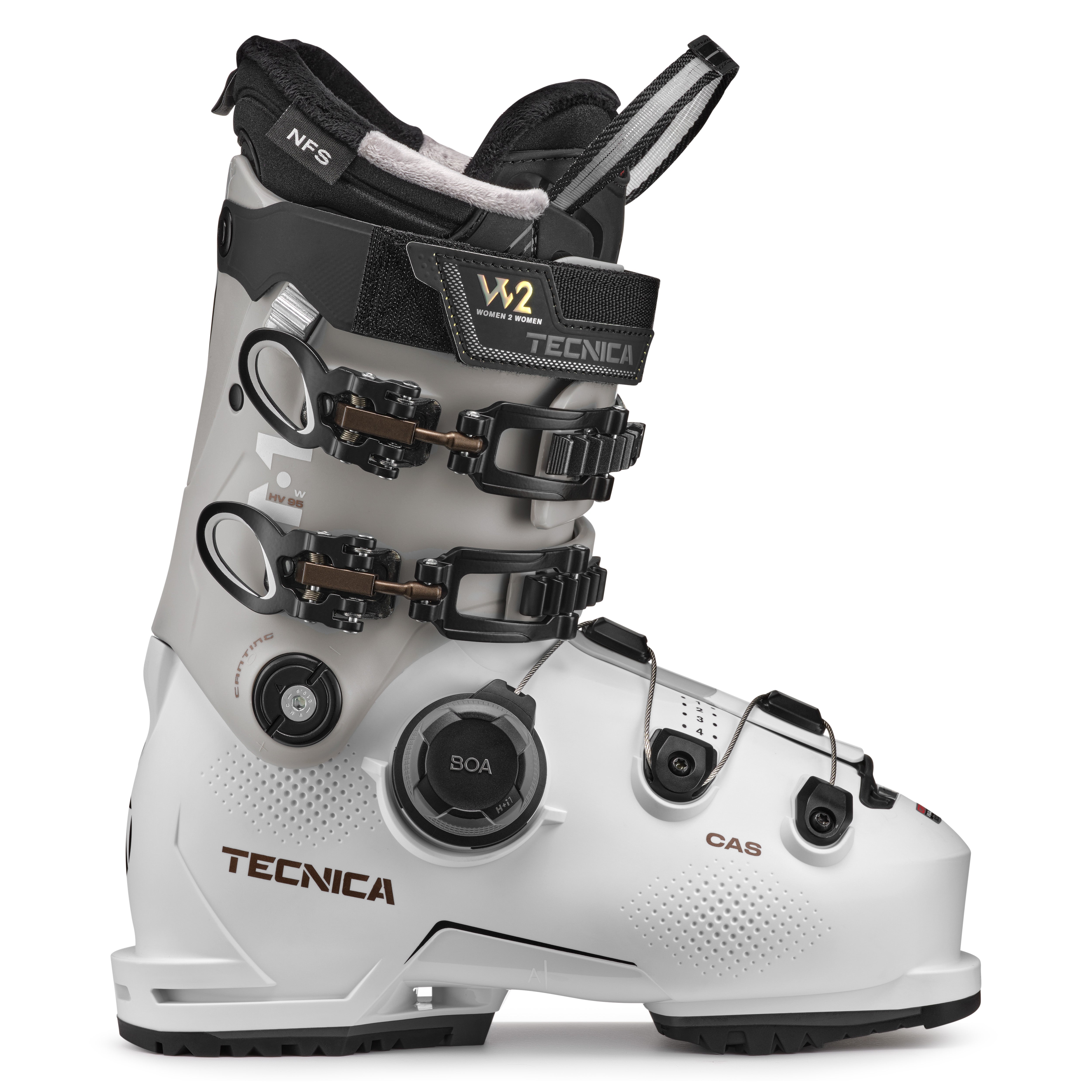 Tecnica Women's Mach 1 BOA HV 95 Ski Boots 2025 - A pair of white ski boots with black buckles and a black strap on top.