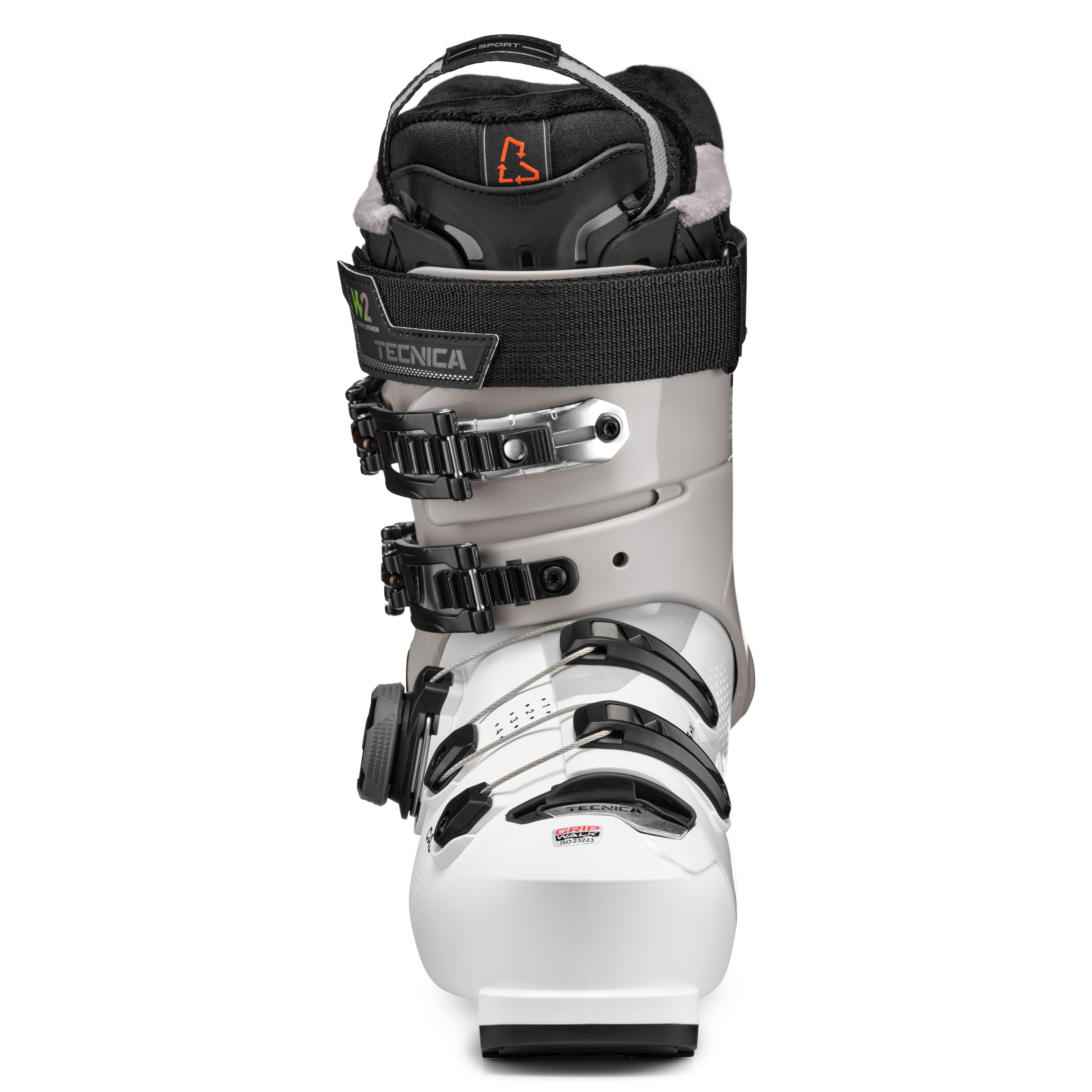 Tecnica Women's Mach 1 BOA HV 95 Ski Boots 2025 - A white ski boot with black buckles and a black strap, featuring a gray logo on the side.