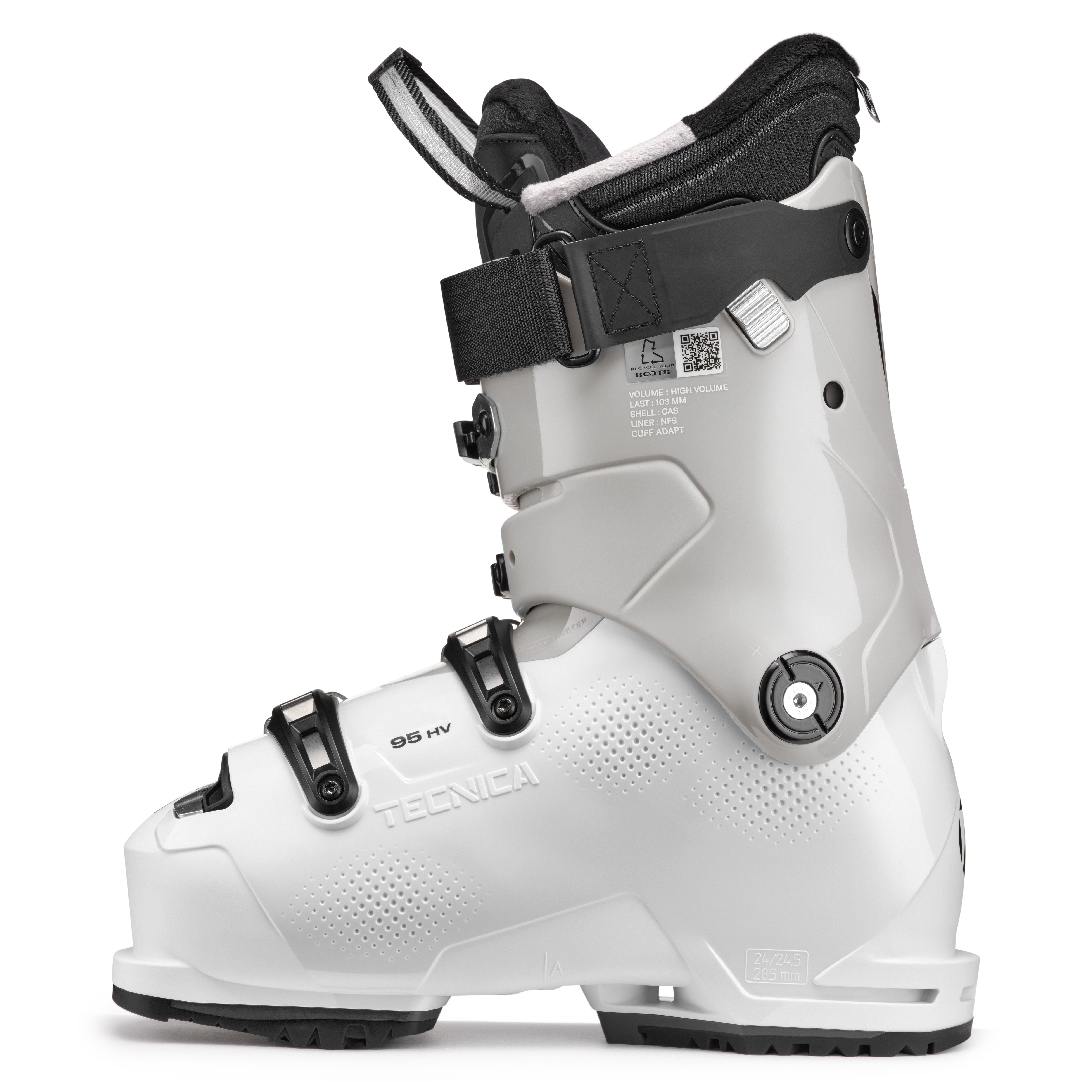 Tecnica Women's Mach 1 BOA HV 95 Ski Boots 2025 - White ski boots with black buckles and a white strap.