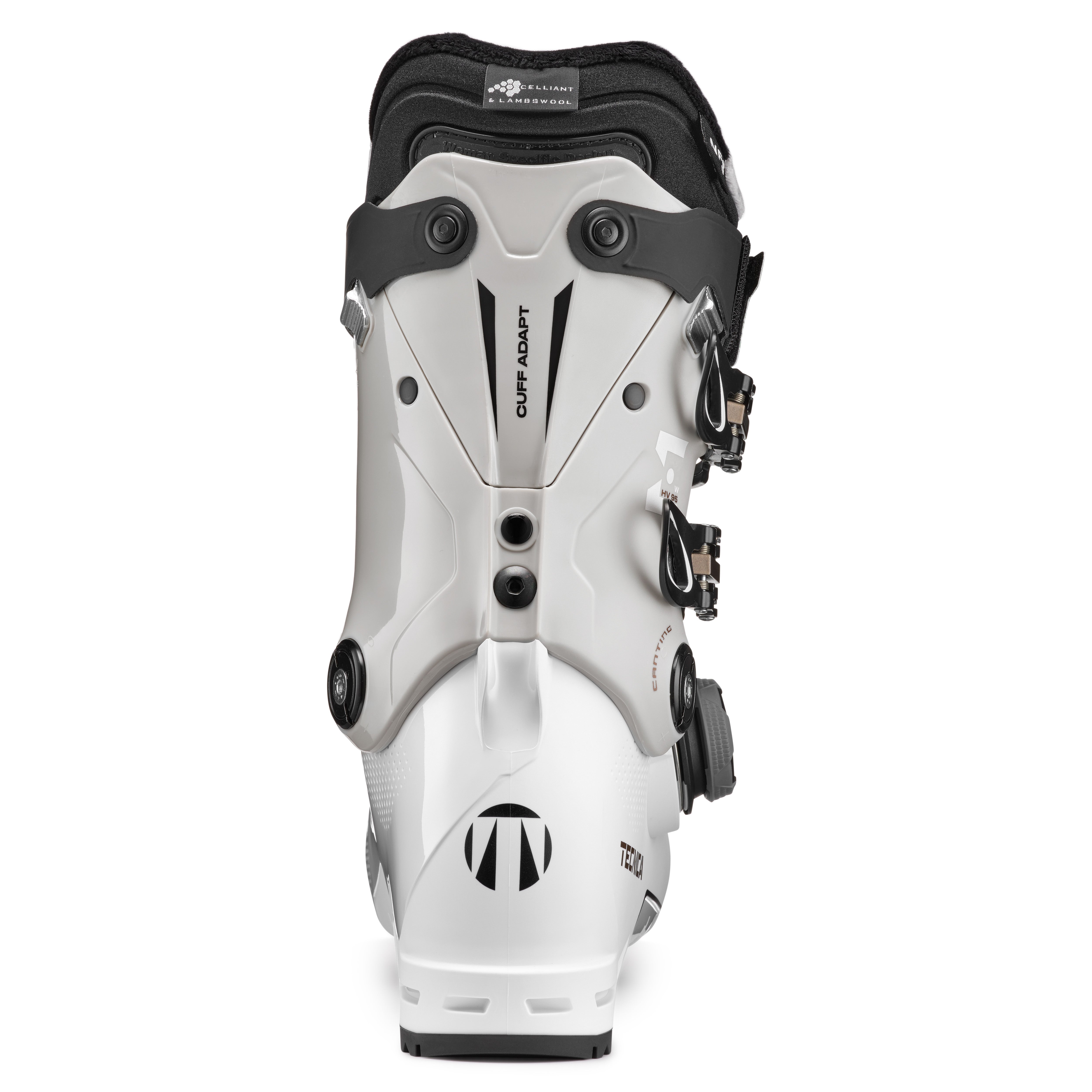Tecnica Women's Mach 1 BOA HV 95 Ski Boots 2025 - White ski boots with black accents and a silver BOA dial on the side.