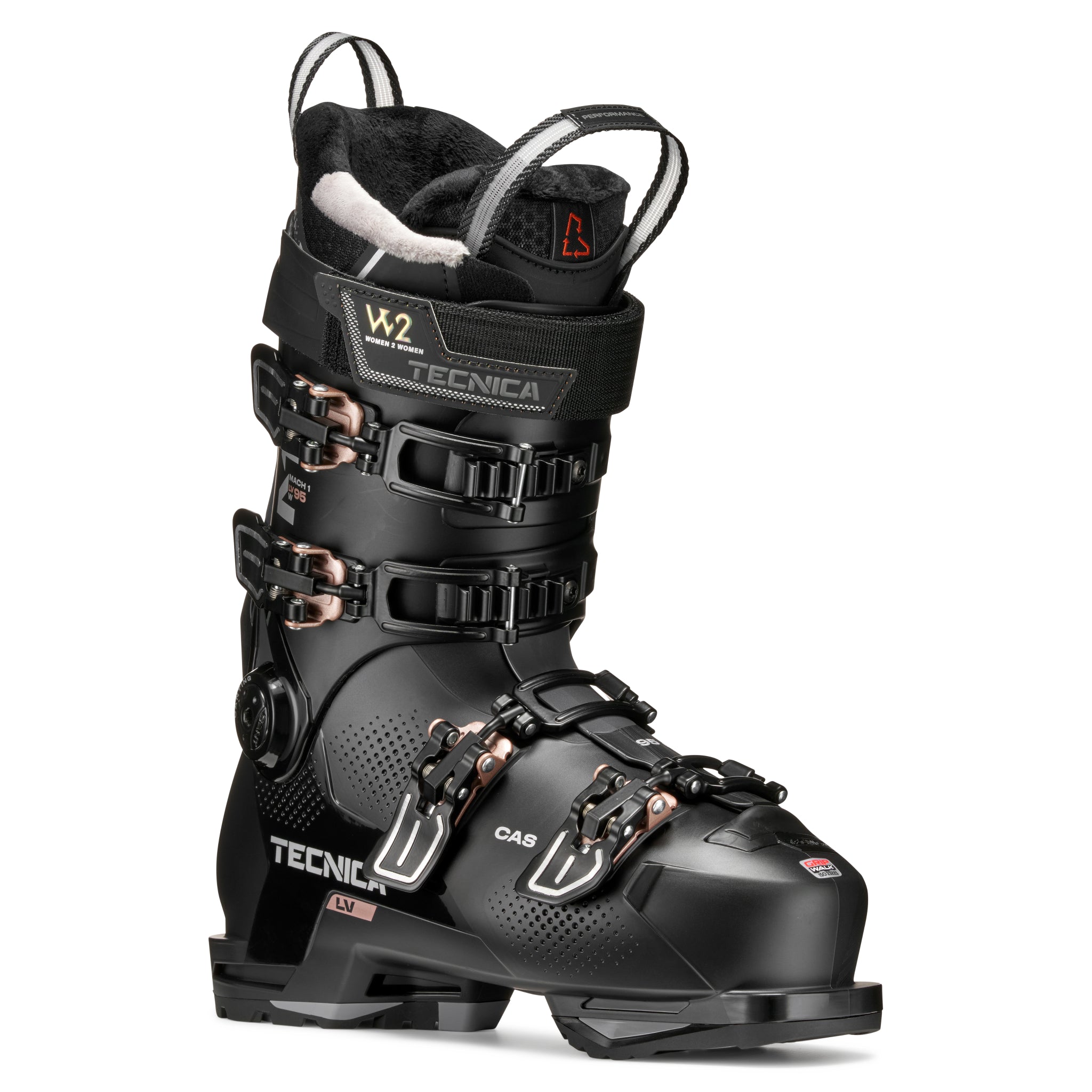 Tecnica Women's Mach 1 LV 95 Ski Boot 2026 - A black ski boot with rose gold buckles and straps, featuring a Tecnica logo on the side and a Tecnica Women's logo on the tongue.