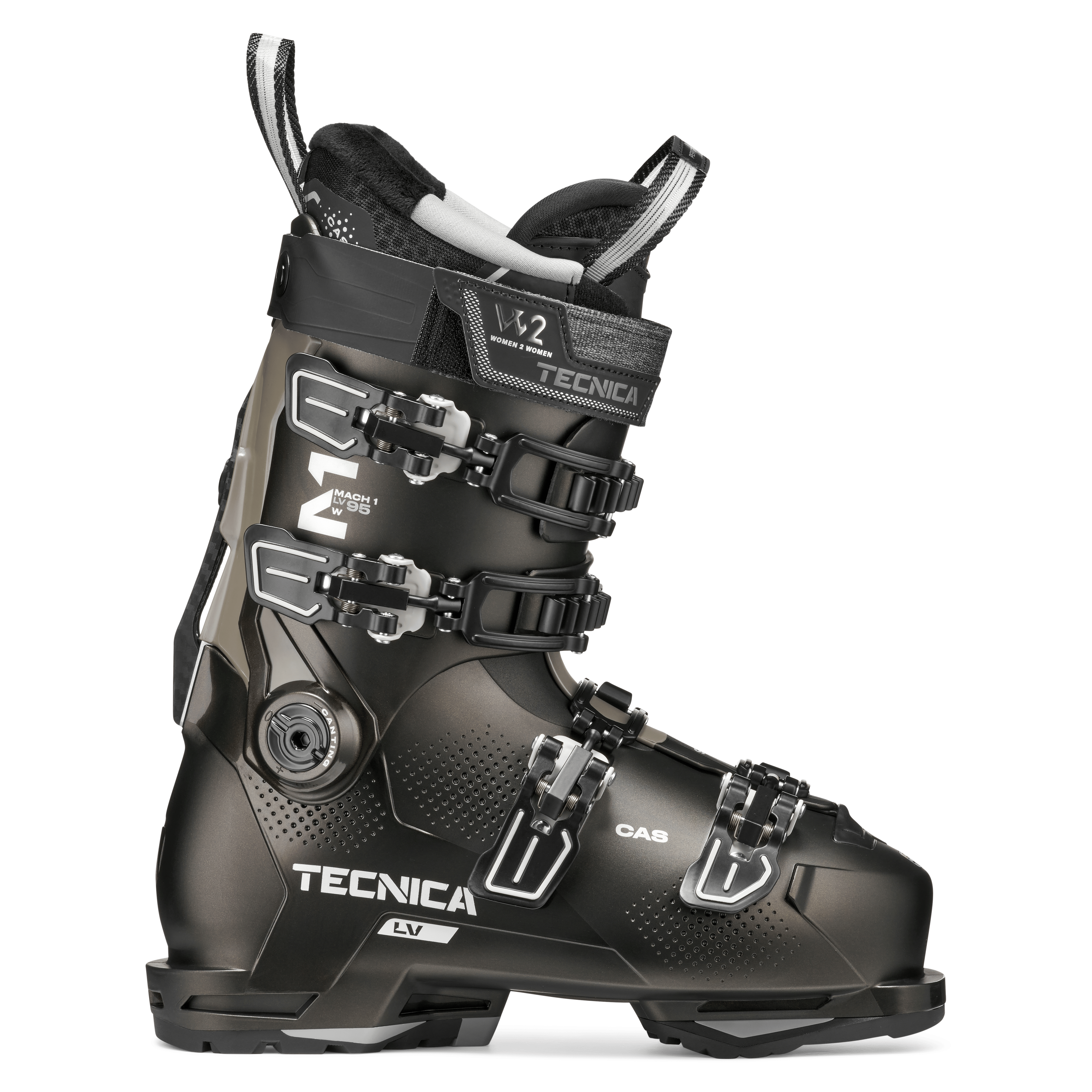 Black ski boot with 4 metal buckles and CAS-style strap, Tecnica LV design