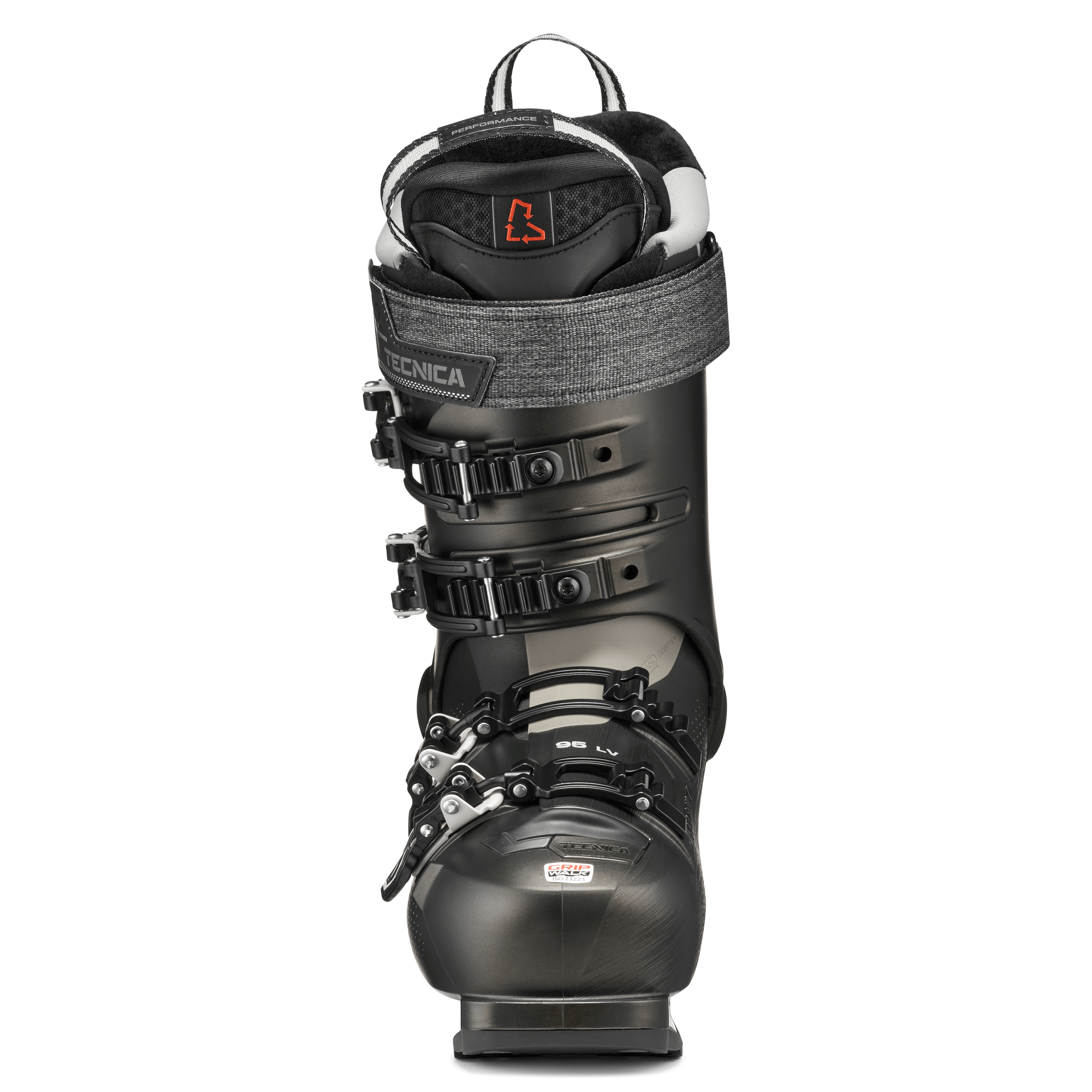 Black ski boot rear view with padded cuff and metal buckle system, Tecnica LV